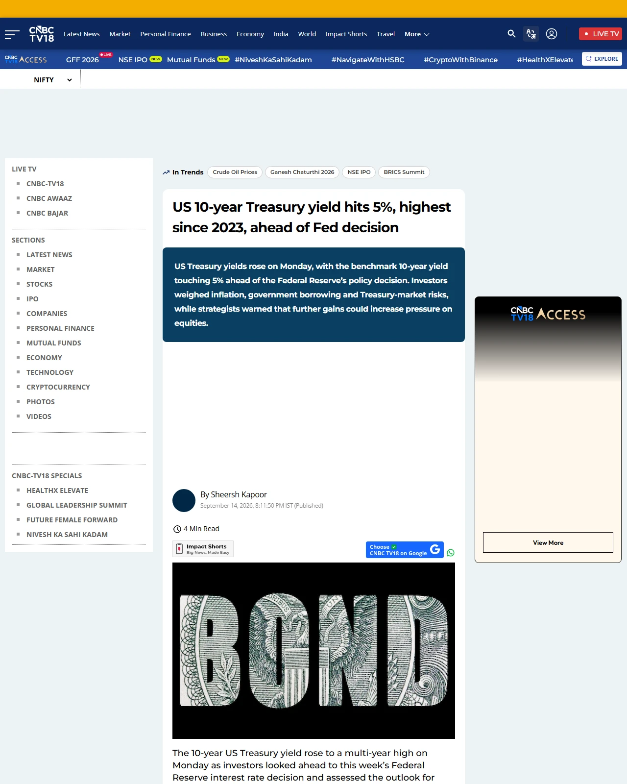 cnbctv18.com as published: US 10-year Treasury yield hits 5%, highest since 2023, ahead of Fed decision