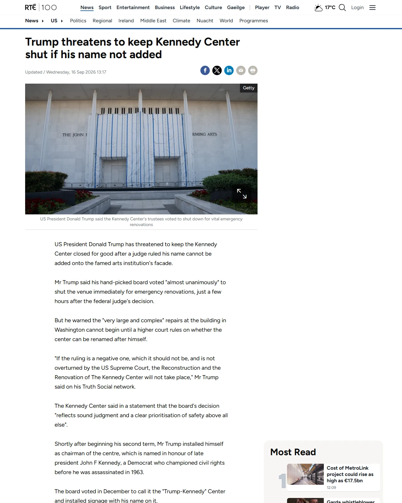 rte.ie as published: Trump threatens to keep Kennedy Center shut