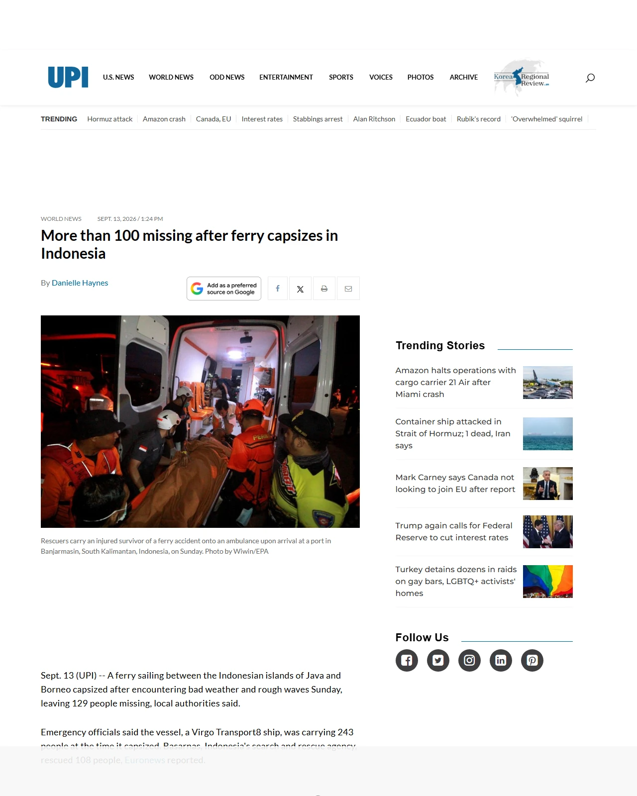 upi.com as published: More than 100 missing after ferry capsizes in Indonesia