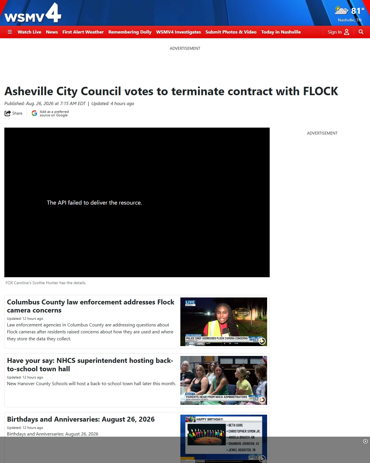 wsmv.com as published: Asheville City Council votes to terminate contract with FLOCK