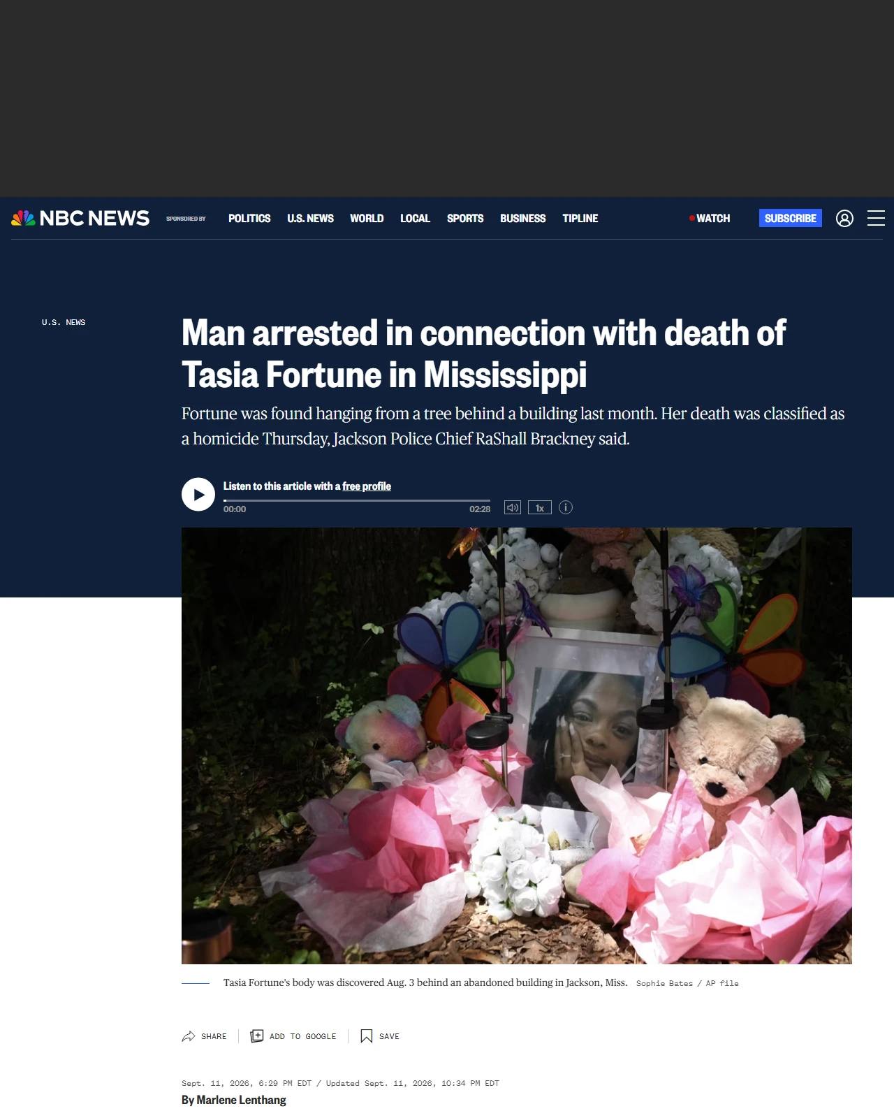 nbcnews.com as published: Man arrested in connection with death of Tasia Fortune in Mississippi