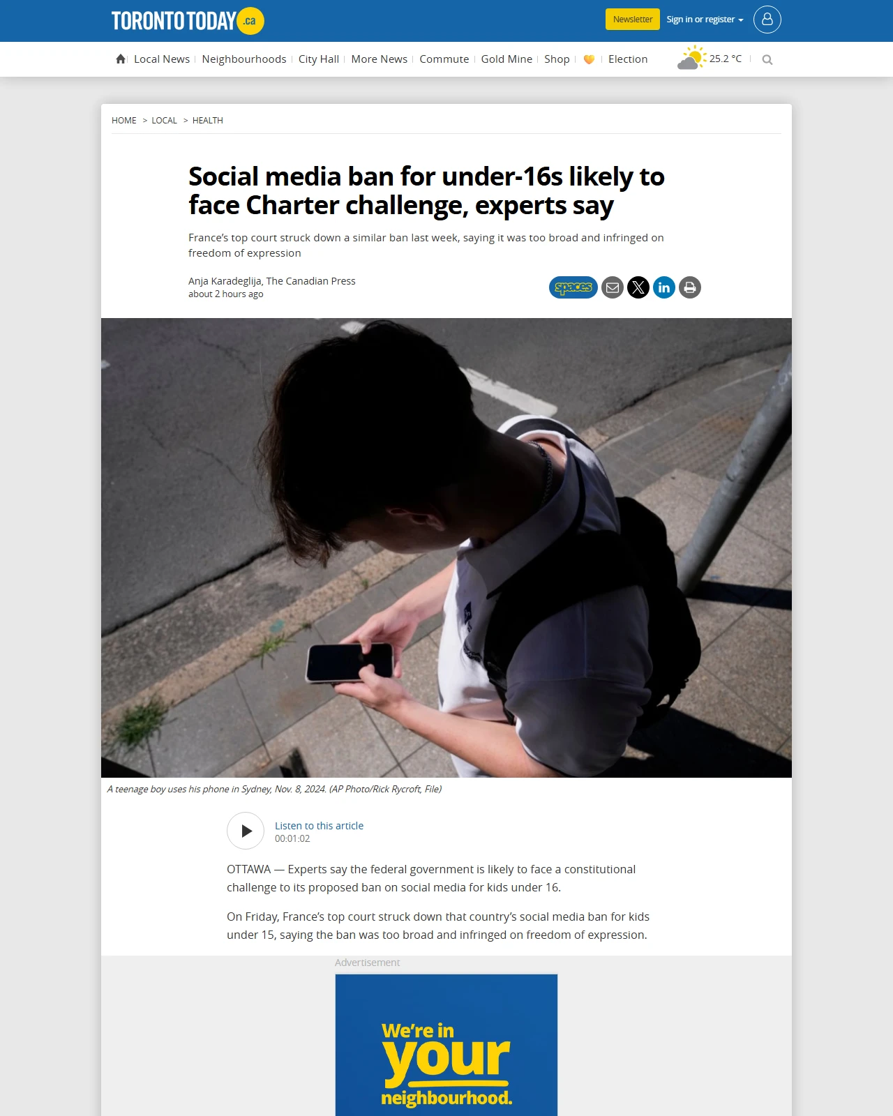 torontotoday.ca as published: Social media ban for under-16s likely to face Charter challenge, experts say