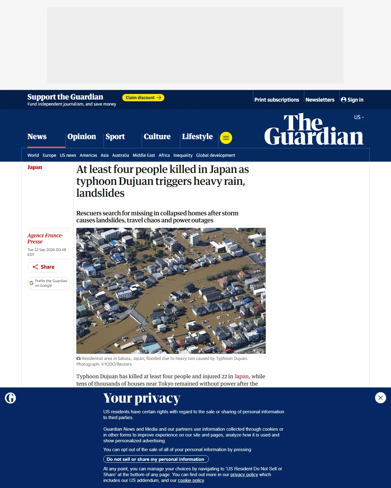 theguardian.com as published: At least four people killed in Japan as typhoon Dujuan triggers heavy rain, landslides