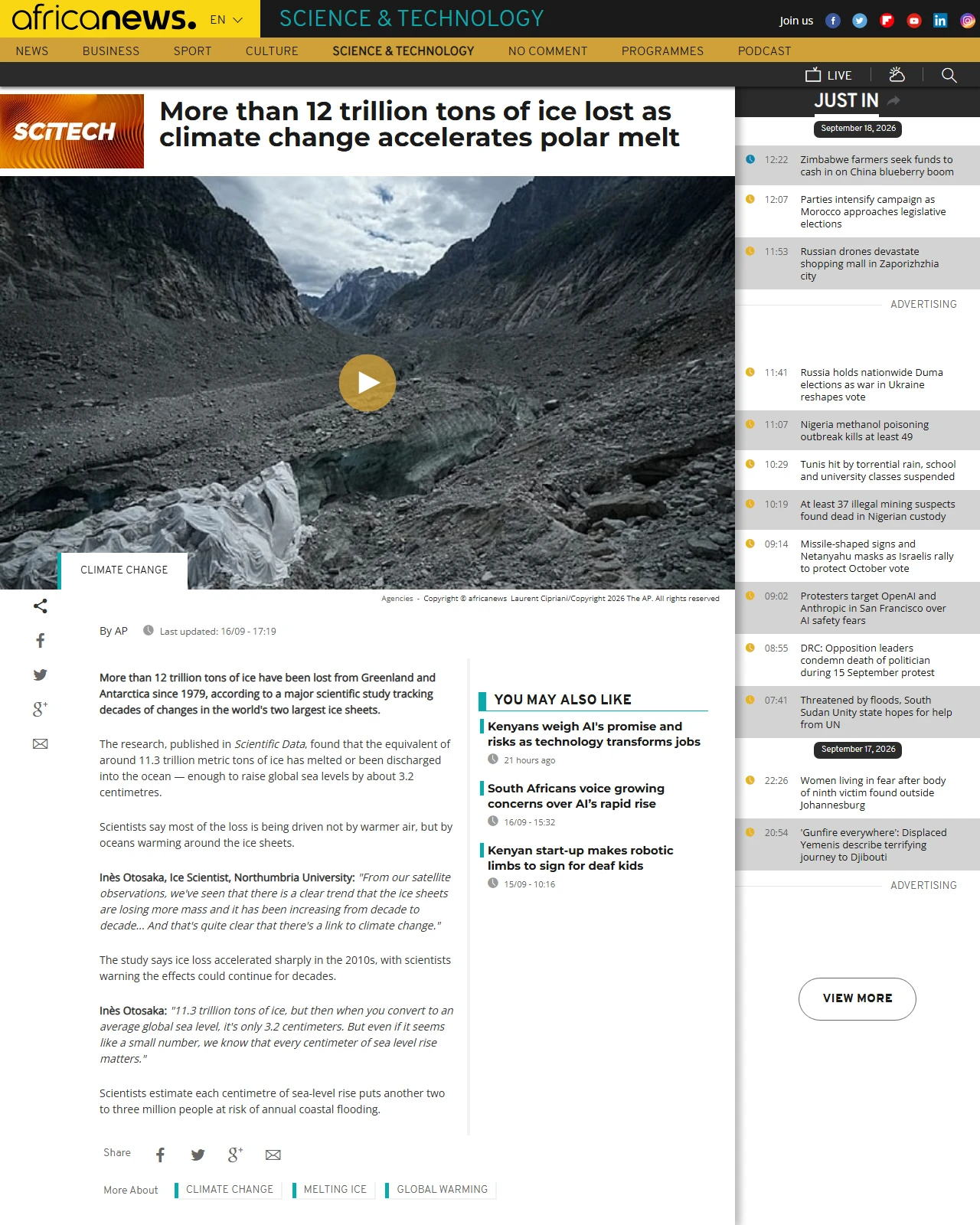 africanews.com as published: More than 12 trillion tons of ice lost as climate change accelerates polar melt