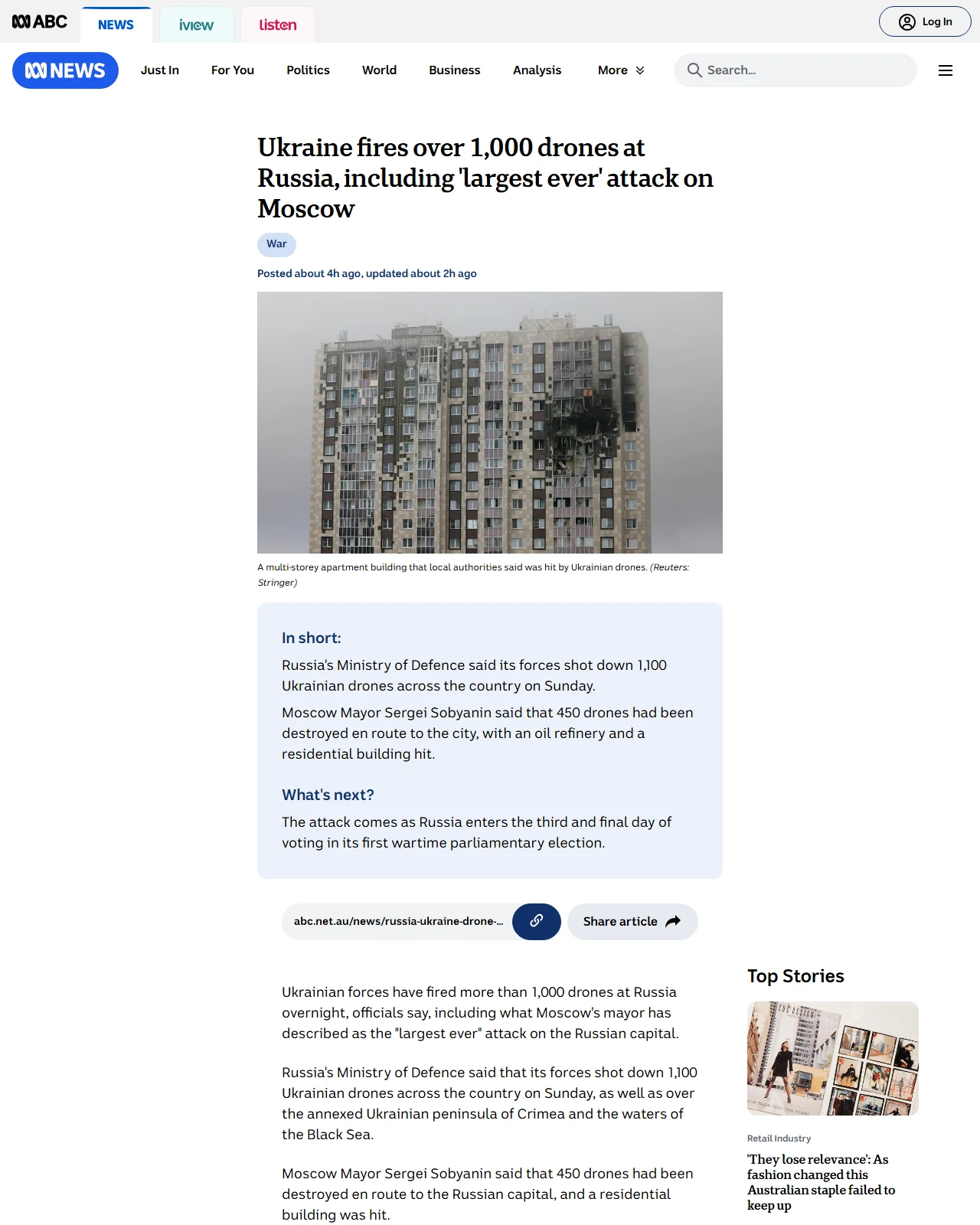 abc.net.au as published: Moscow faces 'largest ever' attack as Ukraine fires over 1,000 drones