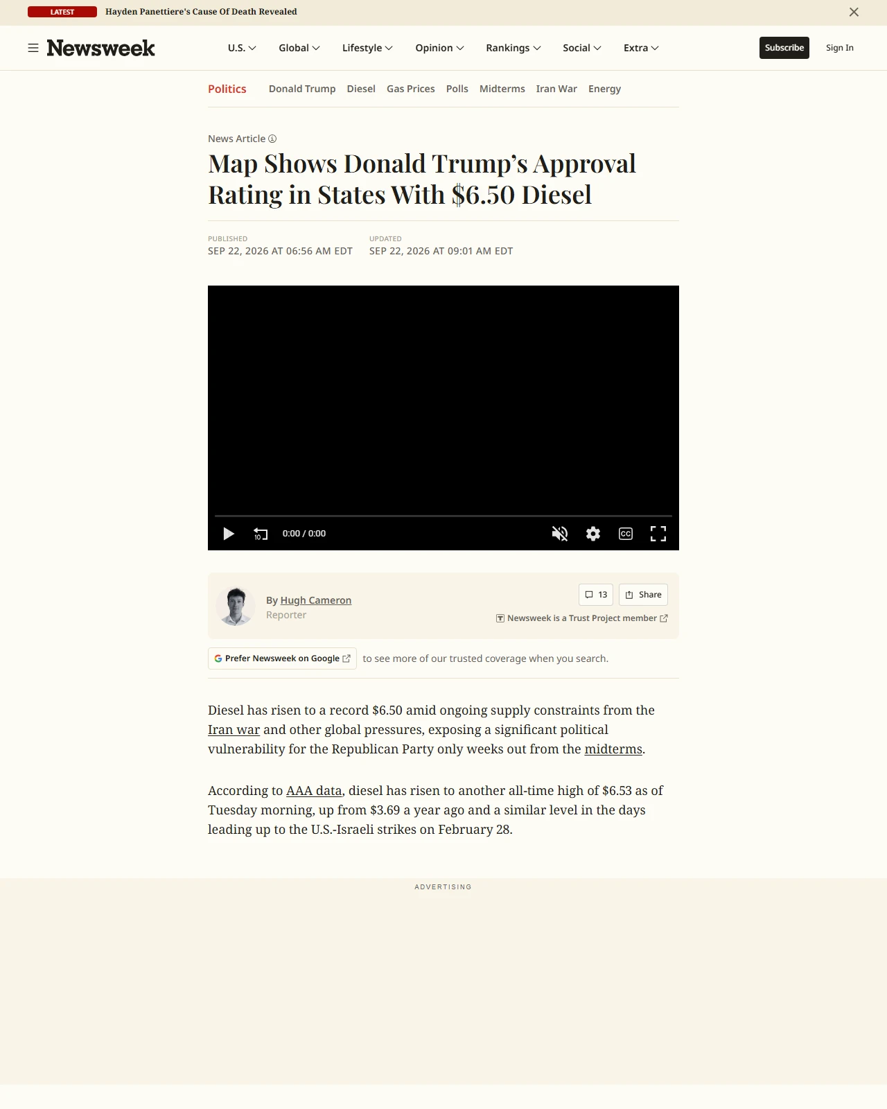 newsweek.com as published: Map Shows Donald Trump’s Approval Rating in States With $6.50 Diesel