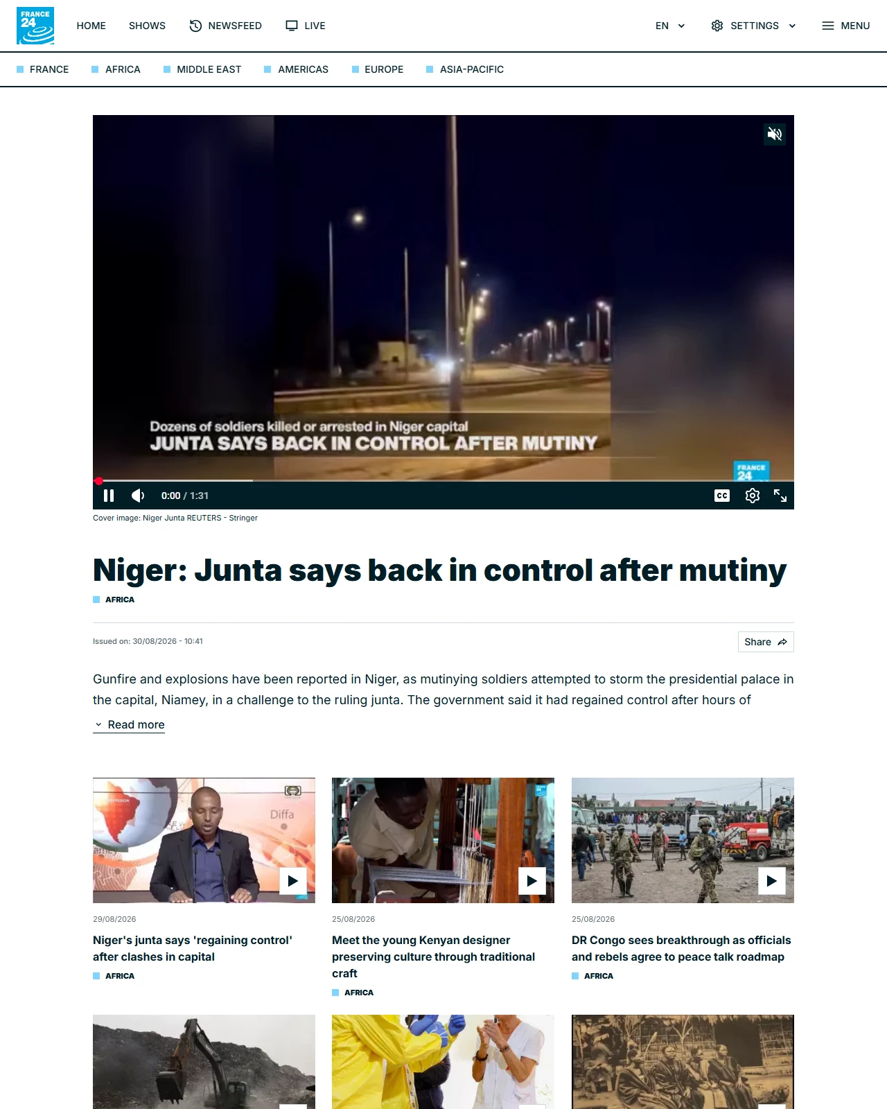 france24.com as published: Niger: Junta says back in control after mutiny