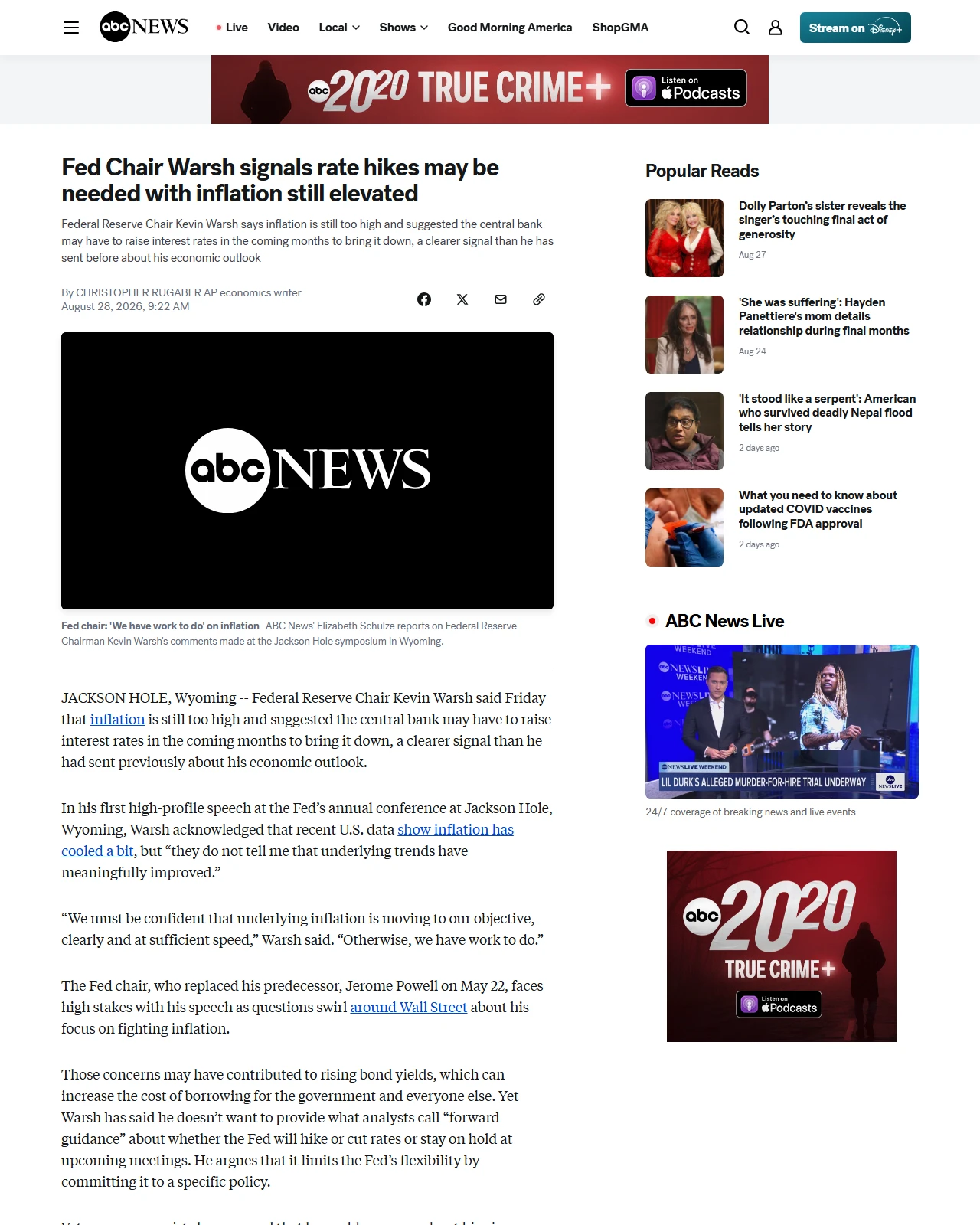 abcnews.com as published: Fed Chair Warsh signals rate hikes may be needed with inflation still elevated - ABC News