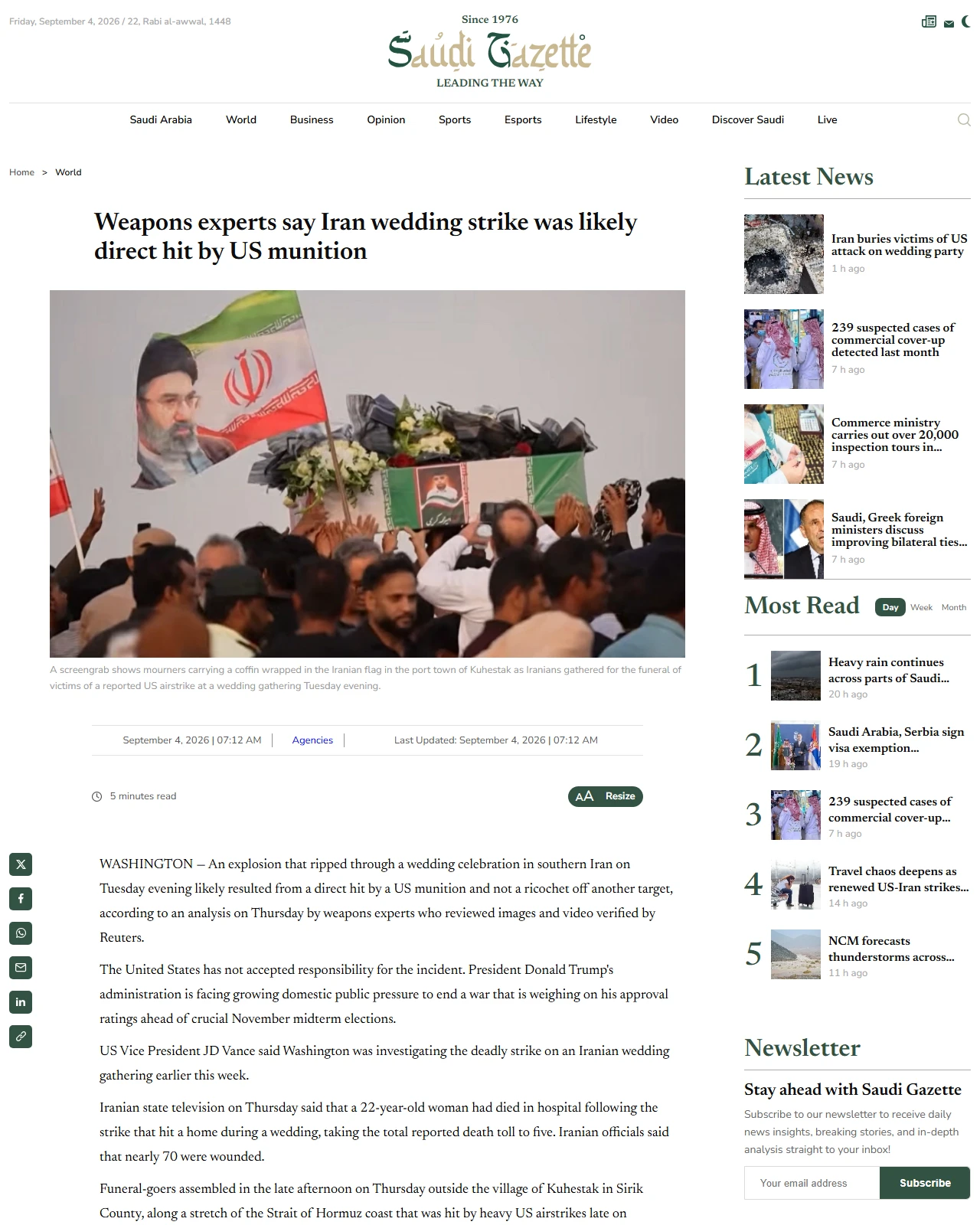 saudigazette.com.sa as published: Weapons experts say Iran wedding strike was likely direct hit by US munition