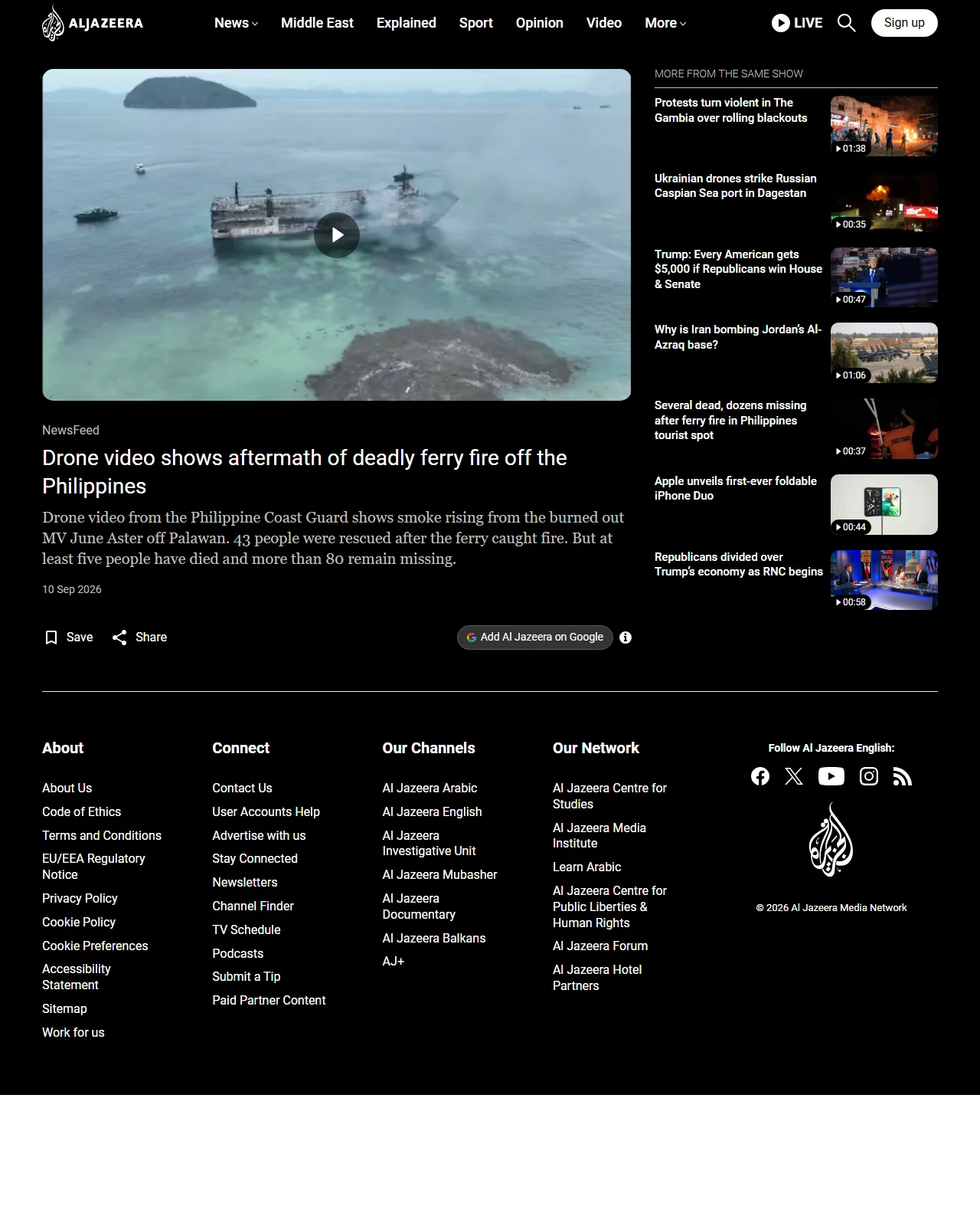 aljazeera.com as published: Drone video shows aftermath of deadly ferry fire off the Philippines