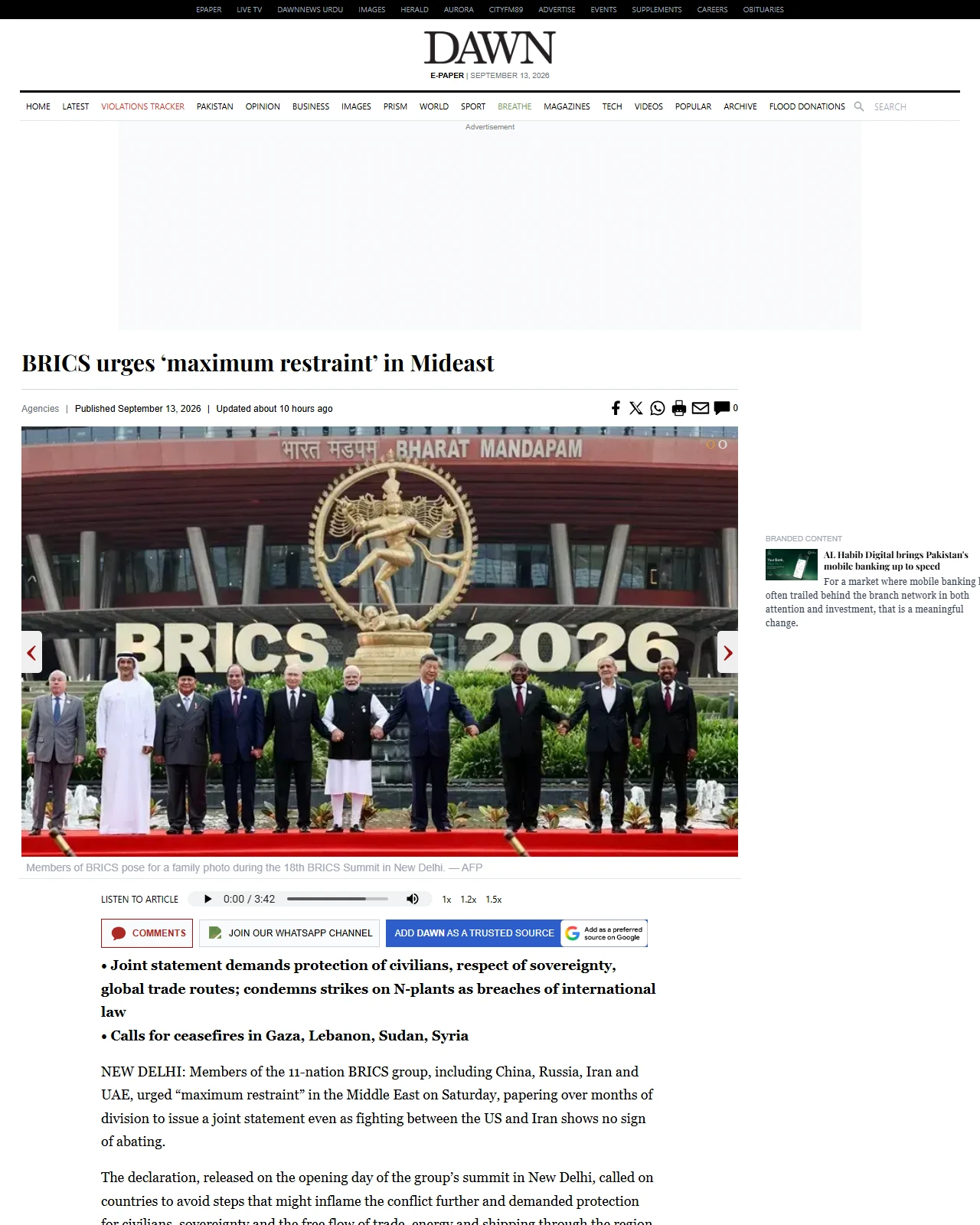 dawn.com as published: BRICS urges ‘maximum restraint’ in Mideast