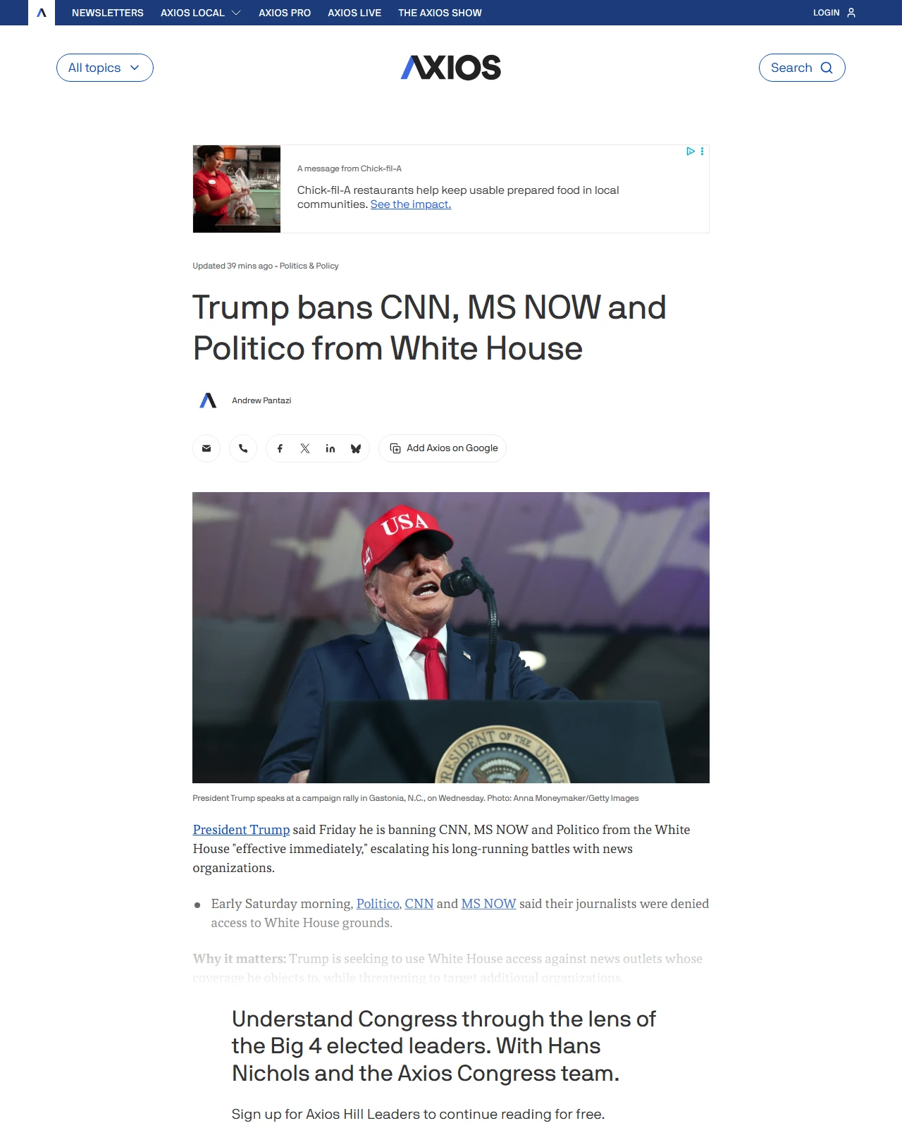 axios.com as published: Trump bans CNN, MS NOW and Politico from White House