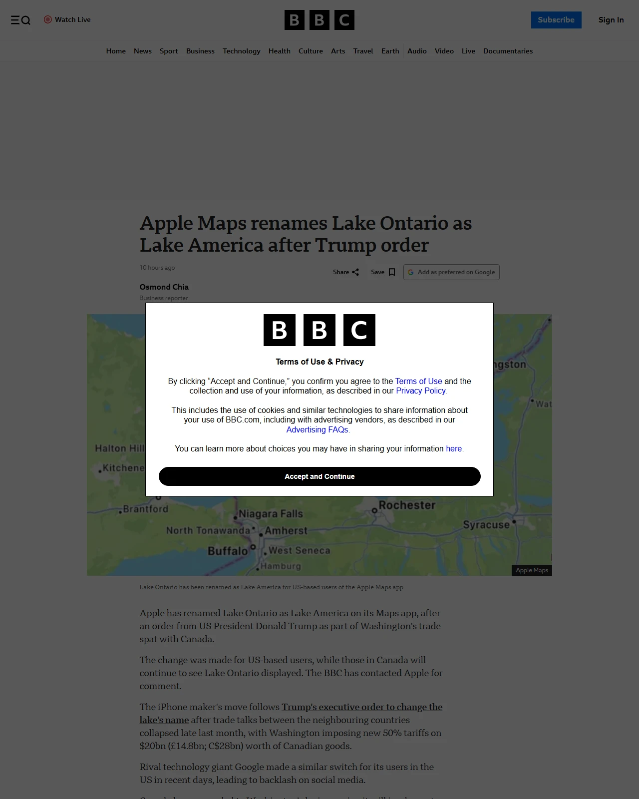bbc.co.uk as published: Apple Maps renames Lake Ontario as Lake America after Trump order
