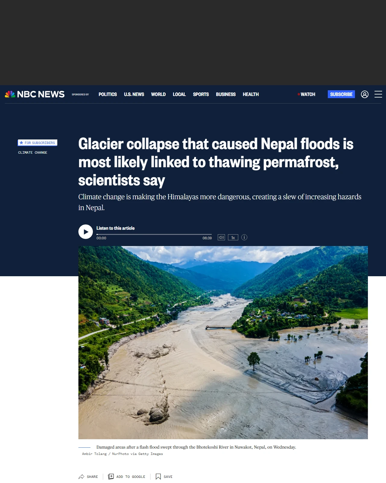 nbcnews.com as published: Glacier collapse that caused Nepal floods is most likely linked to thawing permafrost, scientists say