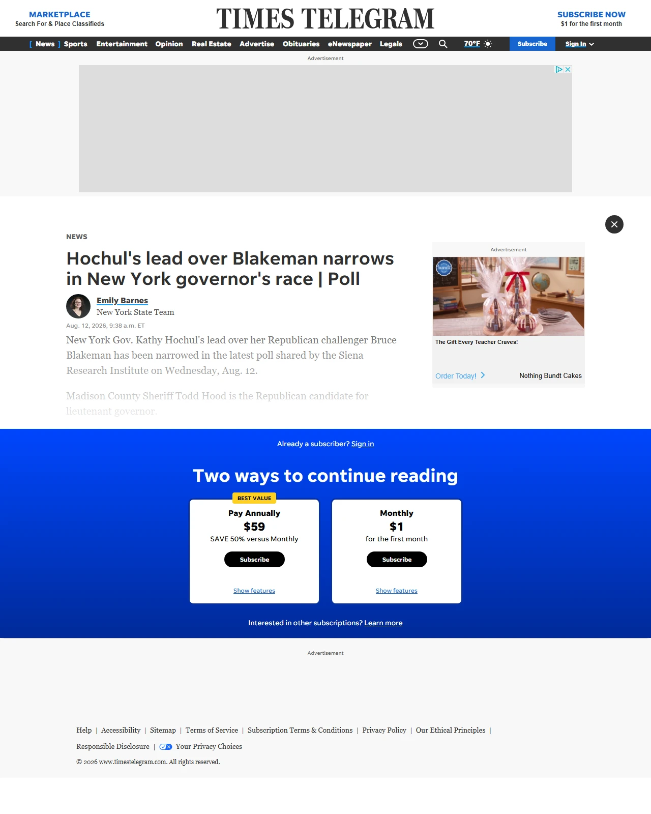 timestelegram.com as published: Hochul's lead over Blakeman narrows in New York governor's race | Poll
