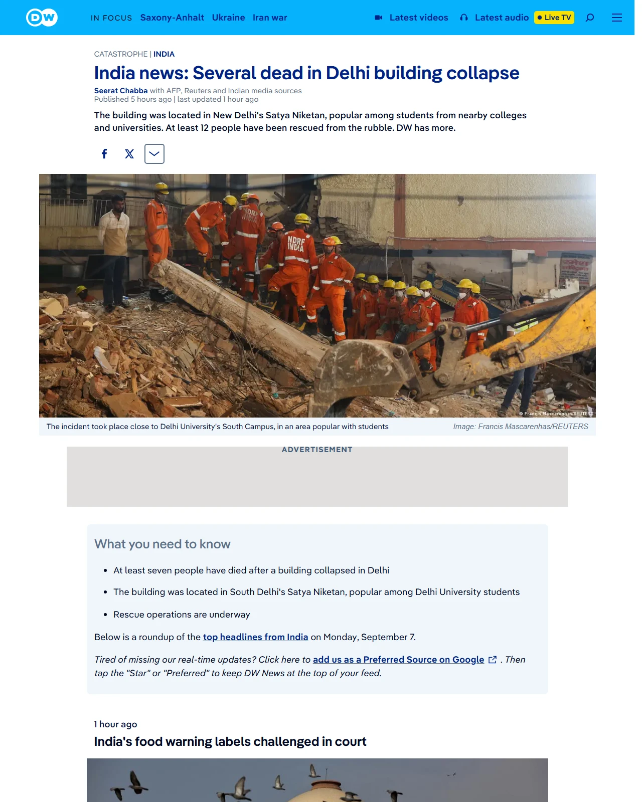 dw.com as published: India news: Rescue efforts underway in deadly Delhi building collapse
