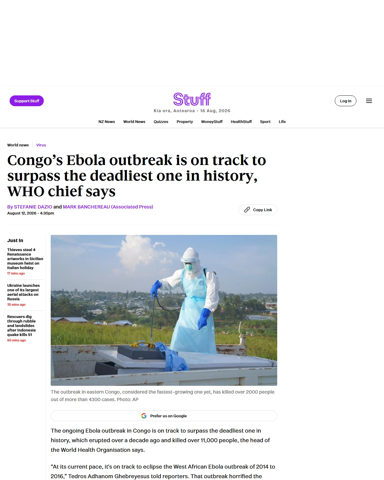 stuff.co.nz as published: Congo’s Ebola outbreak is on track to surpass the deadliest one in history, WHO chief says
