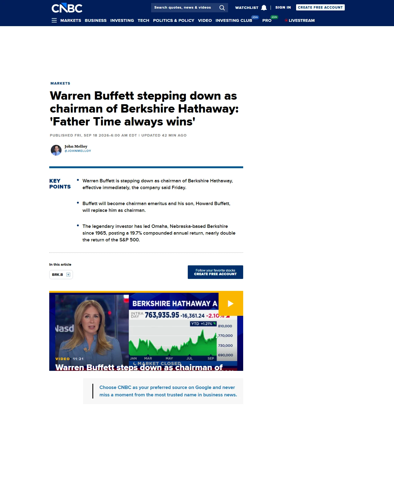 cnbc.com as published: Warren Buffett stepping down as chairman of Berkshire Hathaway: 'Father Time always wins'