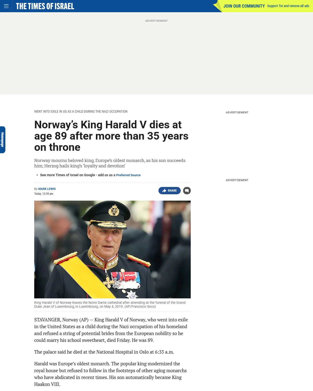 timesofisrael.com as published: Norway’s King Harald V dies at age 89 after more than 35 years on throne