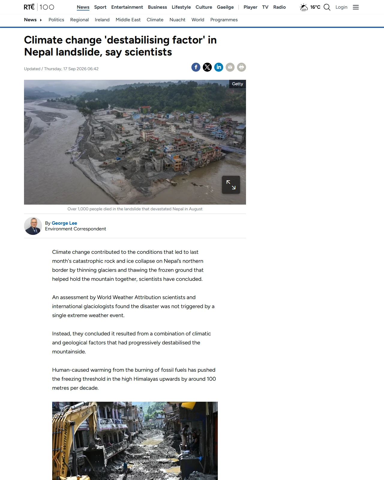 rte.ie as published: Climate change 'destabilising factor' in Nepal landslide