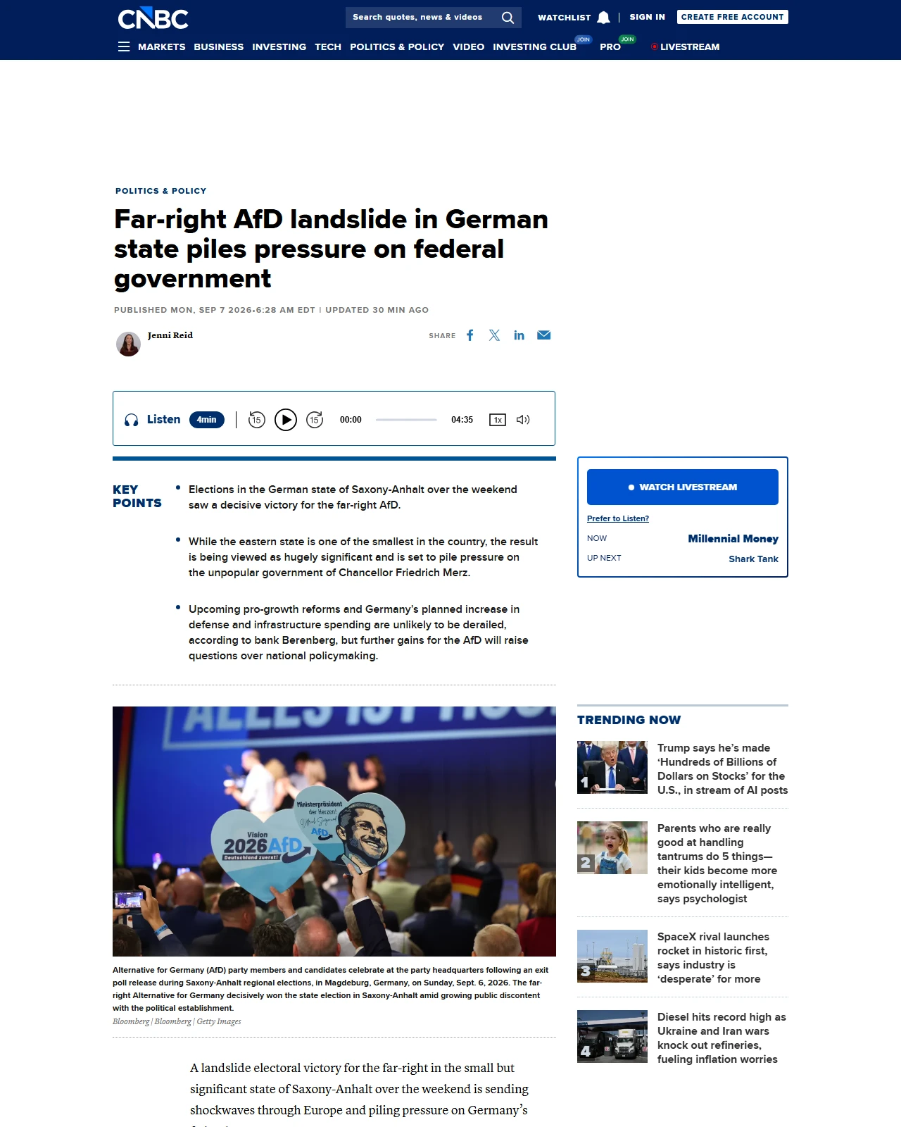 cnbc.com as published: Far-right AfD landslide in German state piles pressure on federal government