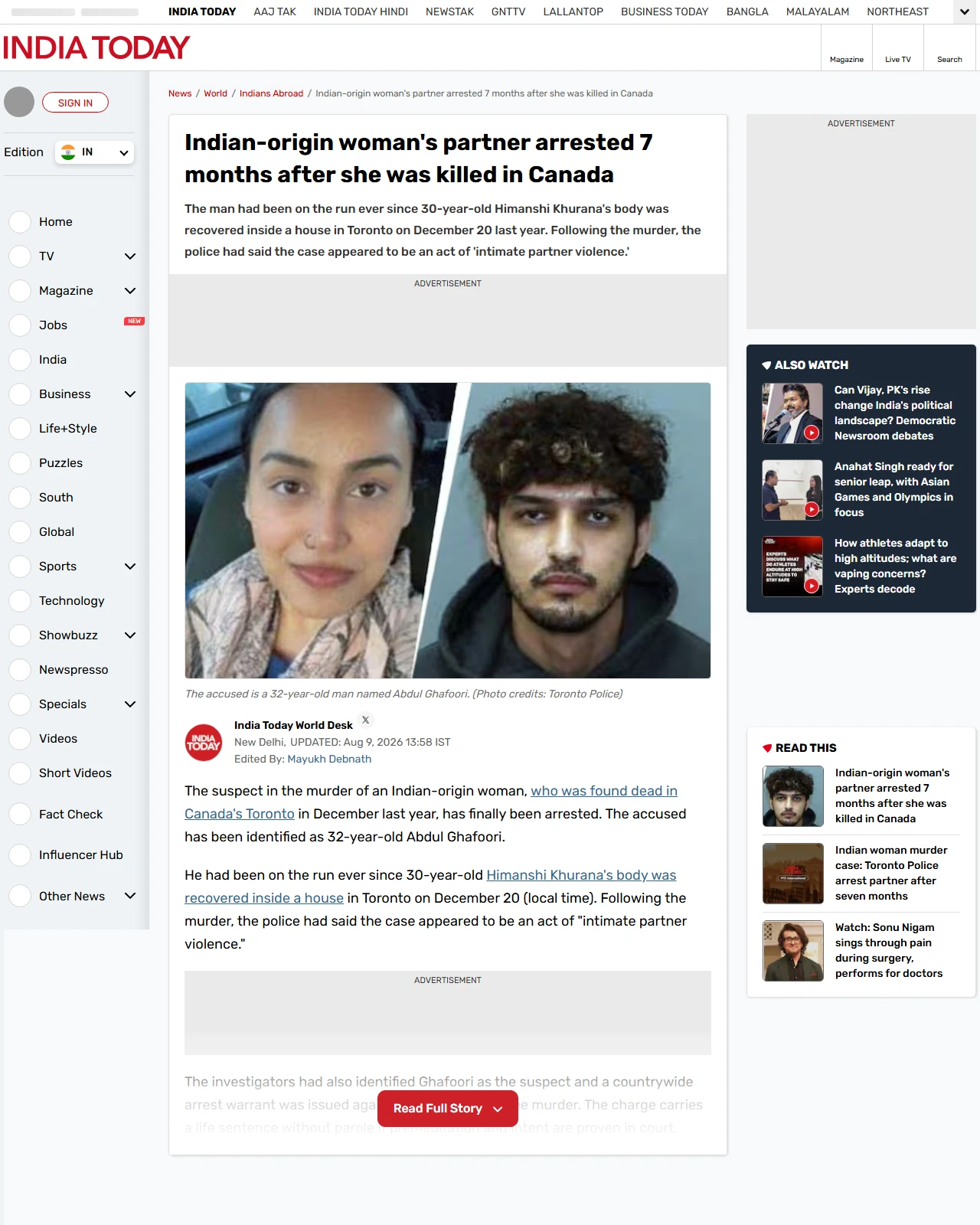 indiatoday.in as published: Indian-origin woman's partner arrested 7 months after she was killed in Canada