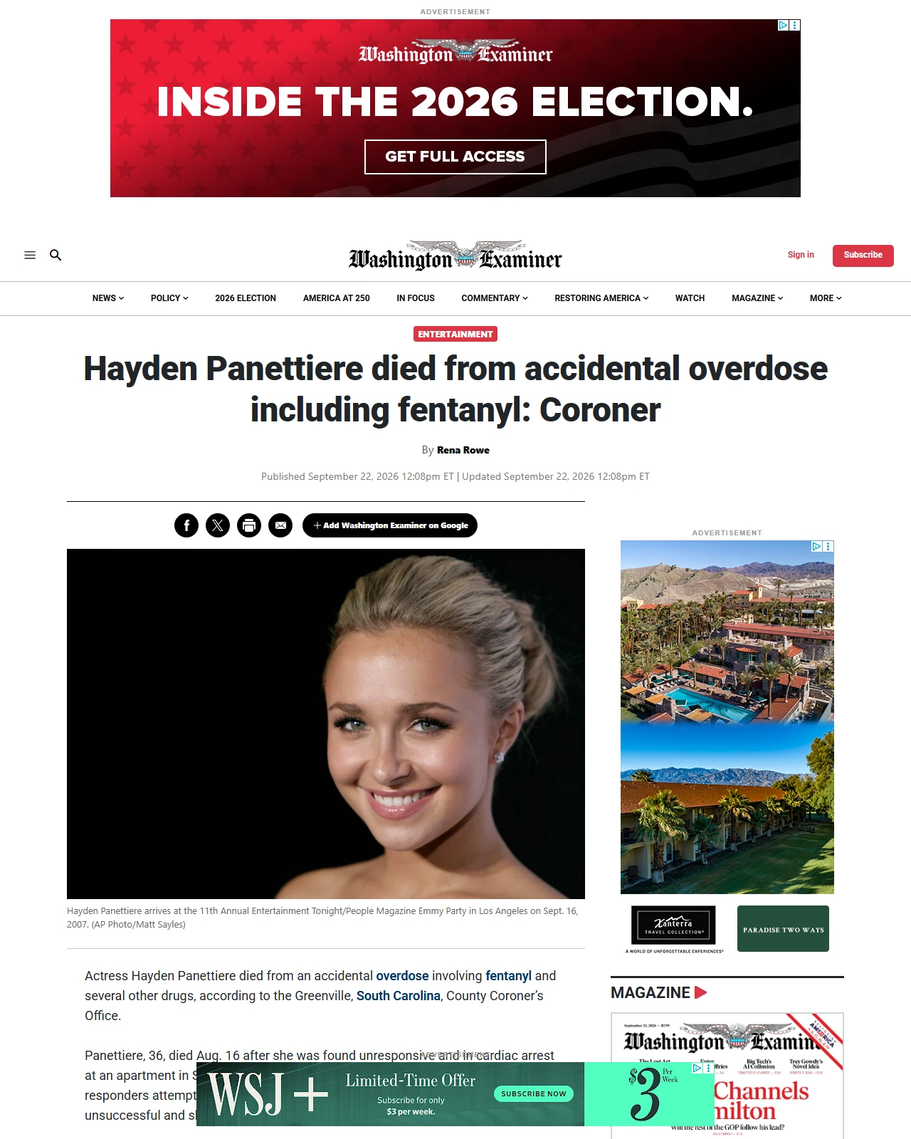 washingtonexaminer.com as published: Hayden Panettiere died from accidental overdose including fentanyl: Coroner