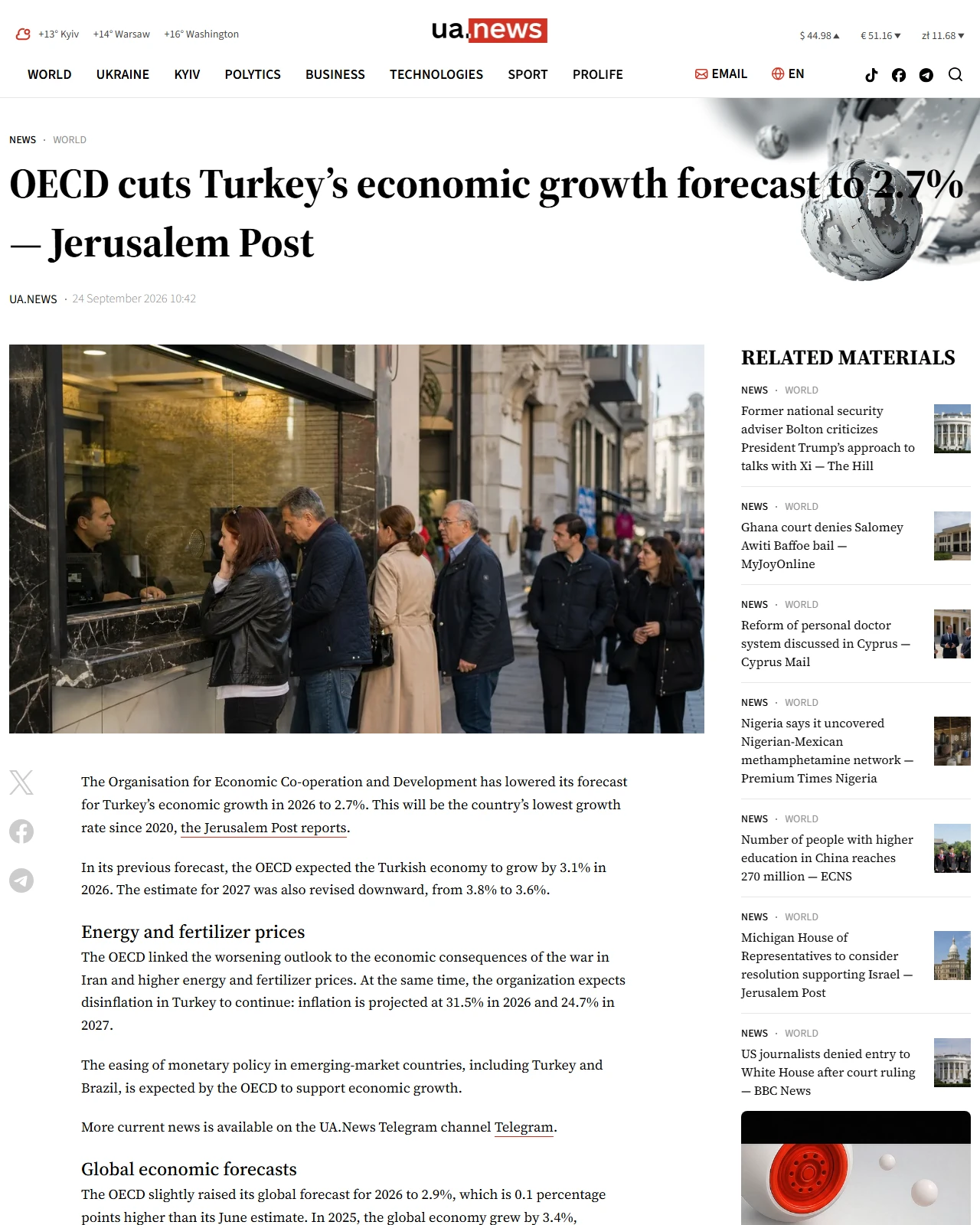 ua.news as published: OECD cuts Turkey’s economic growth forecast to 2.7% — Jerusalem Post