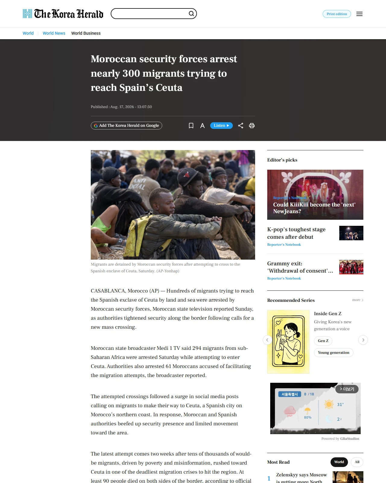 koreaherald.com as published: Moroccan security forces arrest nearly 300 migrants trying to reach Spain’s Ceuta
