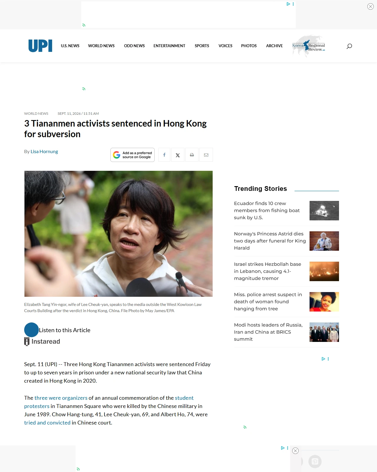 upi.com as published: 3 Tiananmen activists sentenced in Hong Kong for subversion