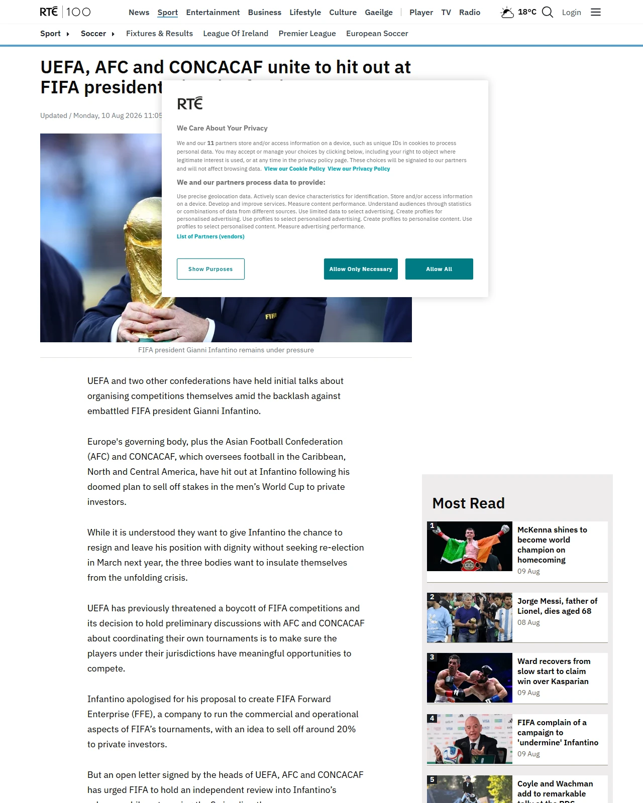 rte.ie as published: UEFA, AFC and CONCACAF unite to hit out at Infantino