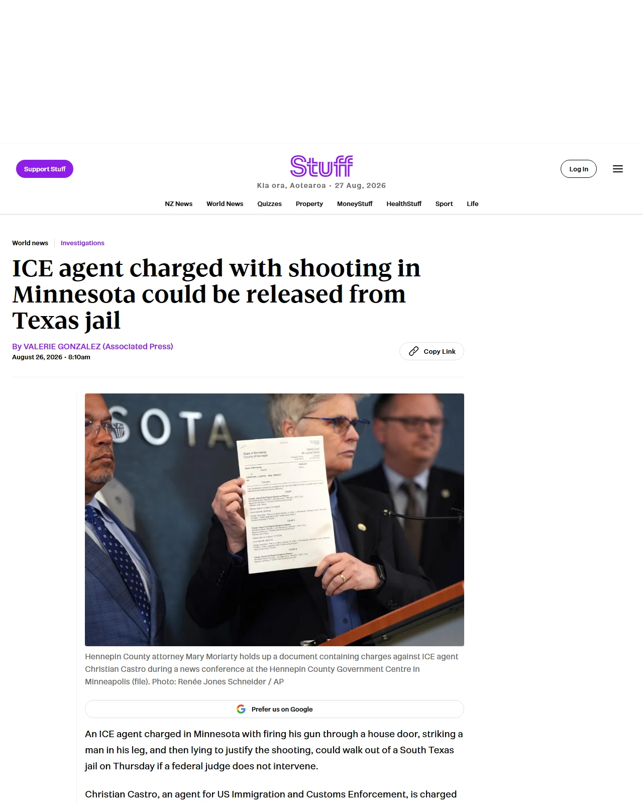 stuff.co.nz as published: ICE agent charged with shooting in Minnesota could be released from Texas jail