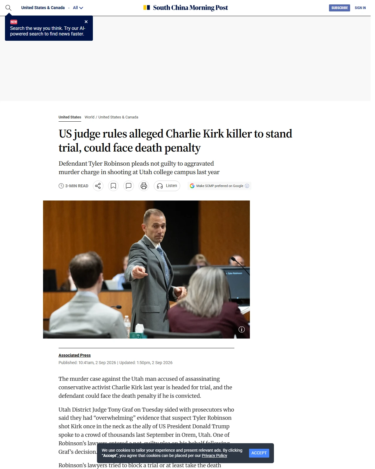 scmp.com as published: US judge rules alleged Charlie Kirk killer to stand trial, could face death penalty