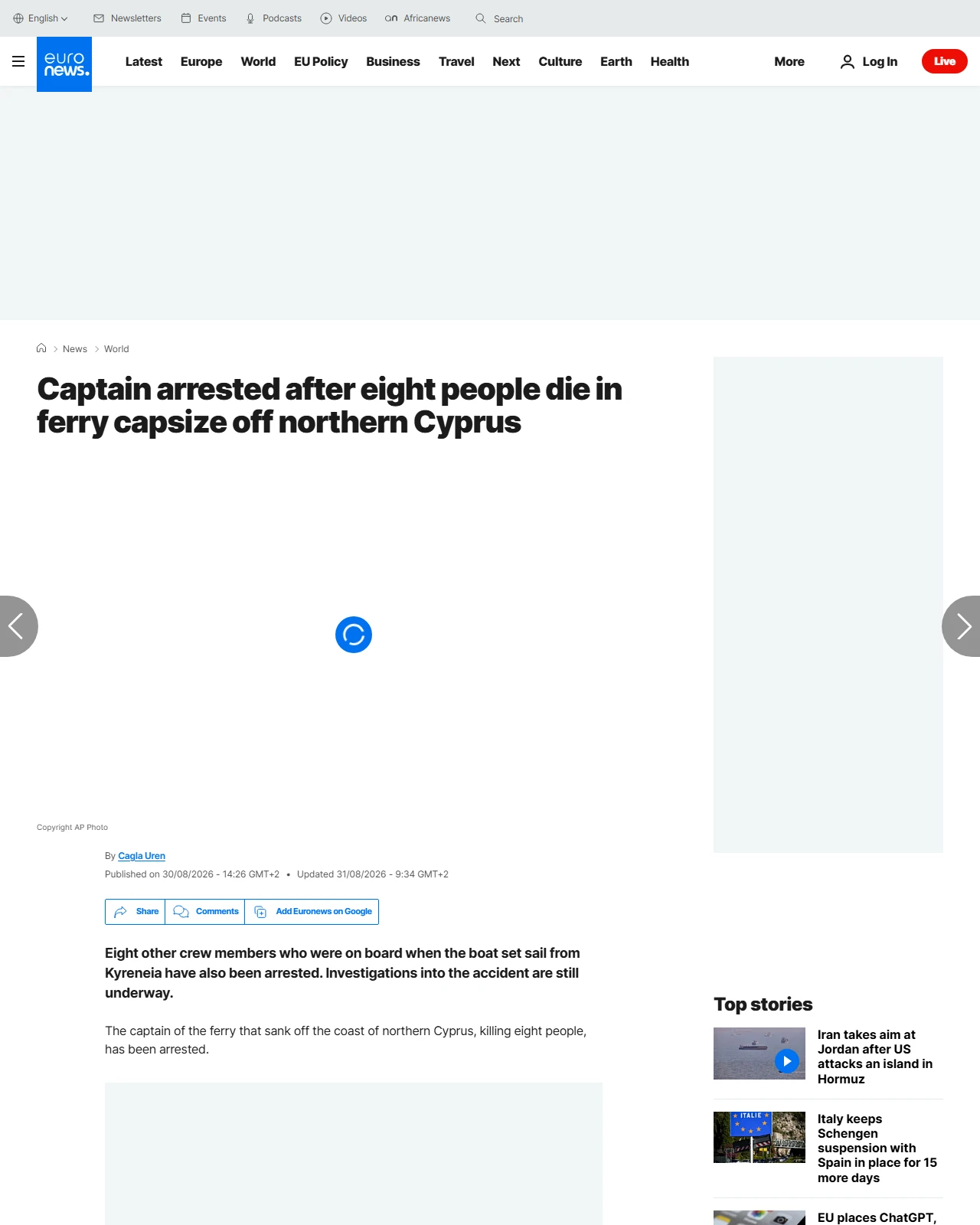 euronews.com as published: Captain arrested after 8 people die in ferry capsize off Cyprus coast