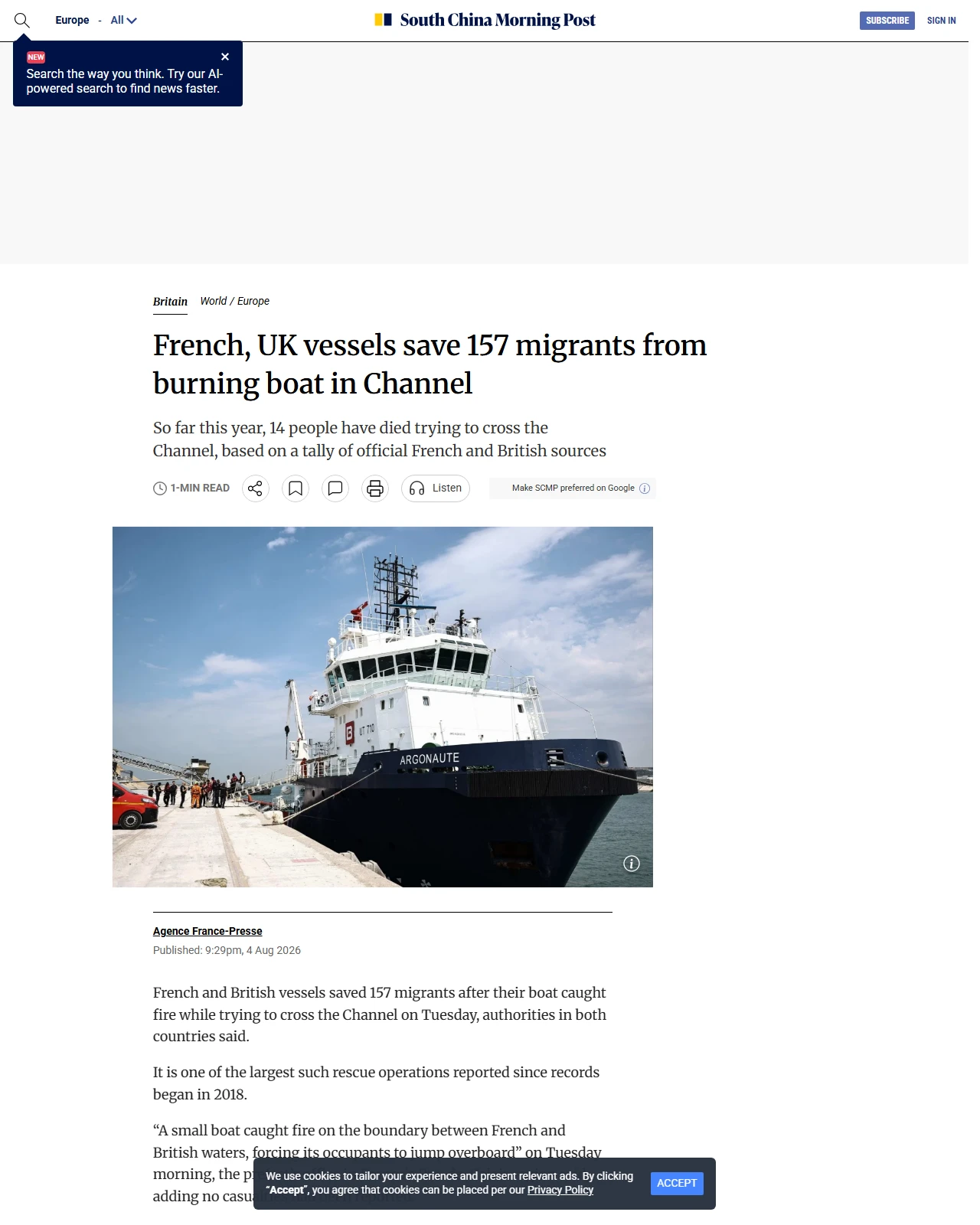 scmp.com as published: French, UK vessels save 157 migrants from burning boat in Channel