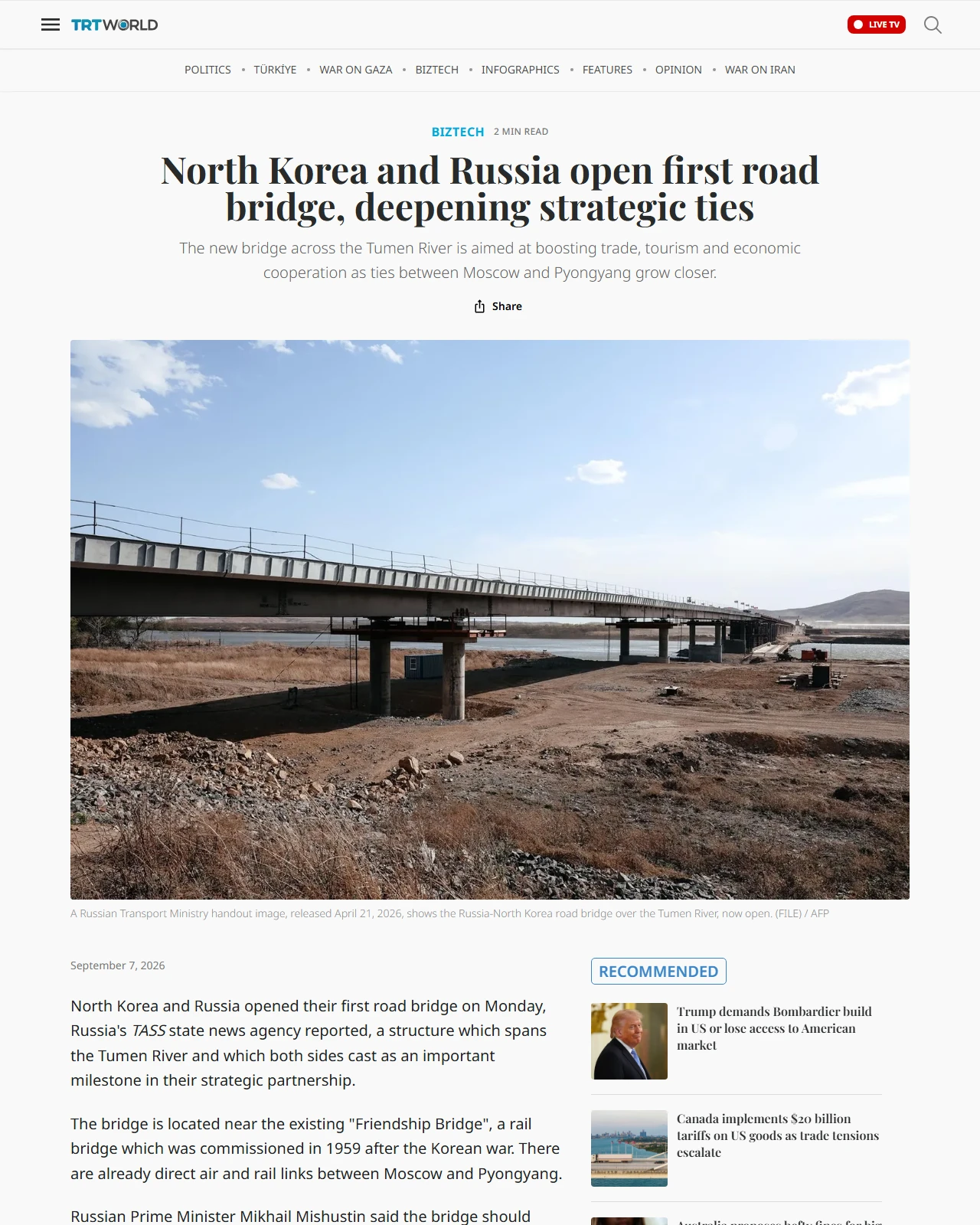 trtworld.com as published: North Korea and Russia open first road bridge, deepening strategic ties