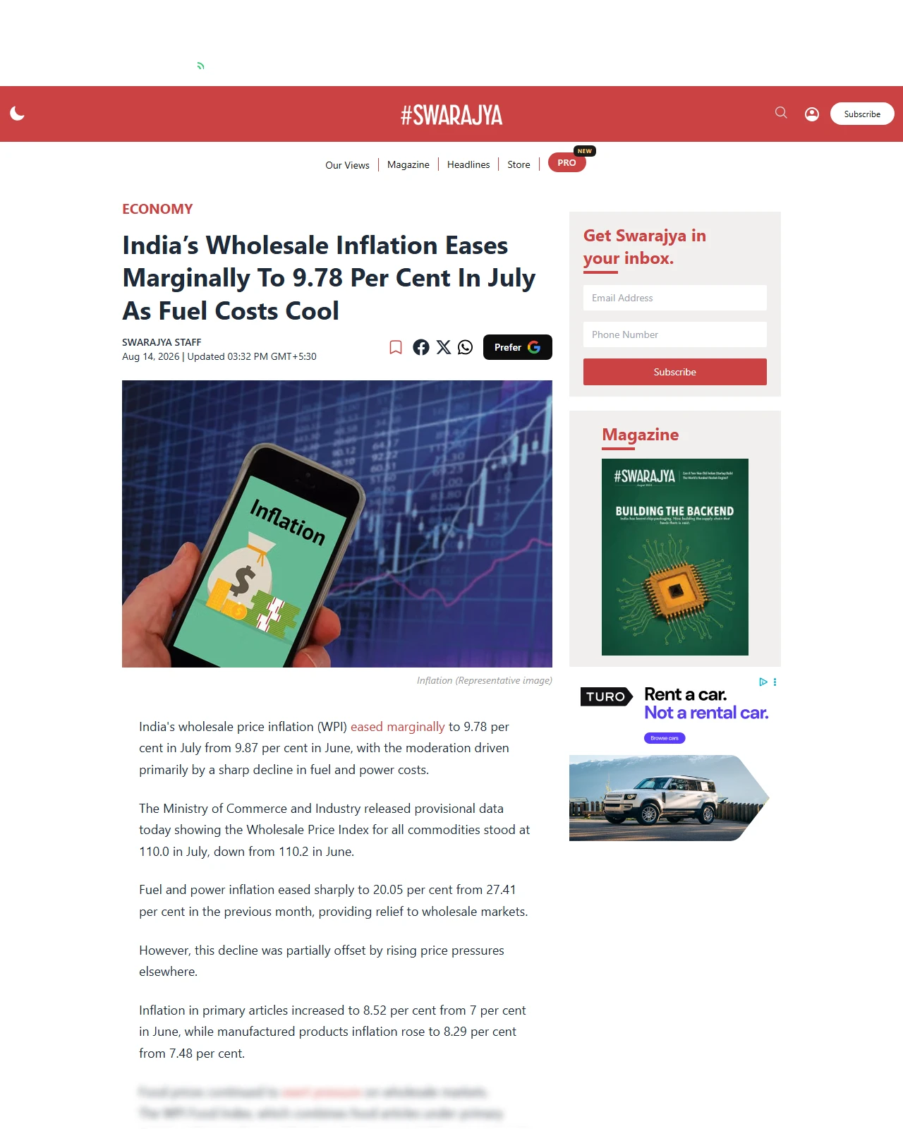 swarajyamag.com as published: India’s Wholesale Inflation Eases Marginally To 9.78 Per Cent In July As Fuel Costs Cool