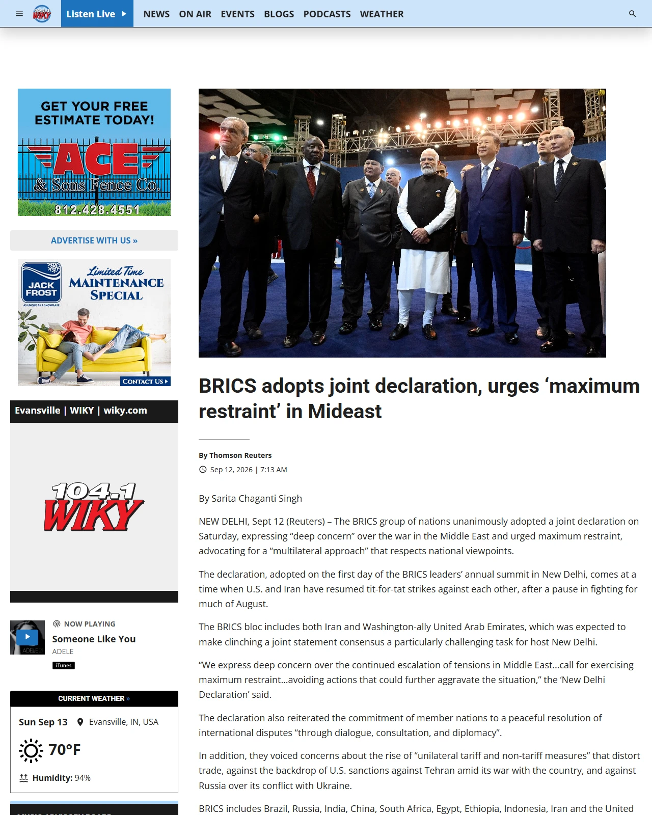 wiky.com as published: BRICS adopts joint declaration, urges ‘maximum restraint’ in Mideast