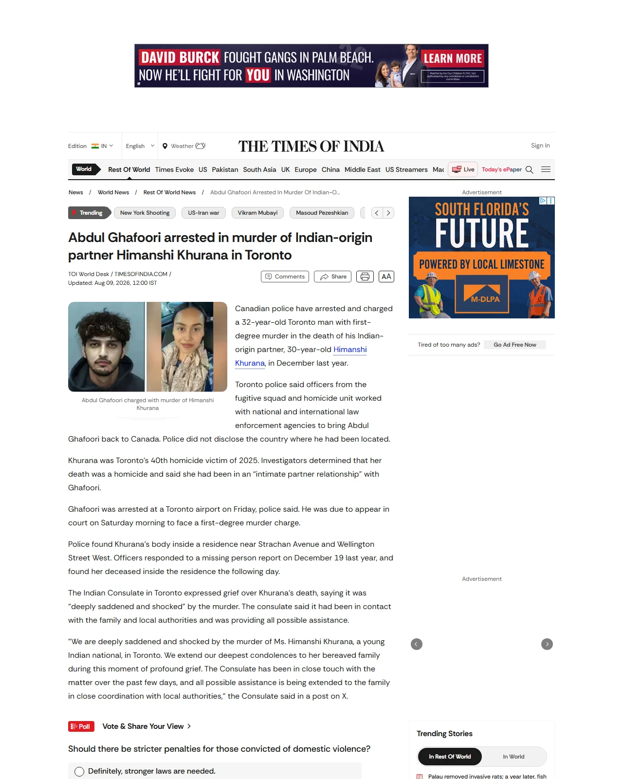 timesofindia.indiatimes.com as published: Indian-origin woman's partner arrested in Canada 7 months after her murder