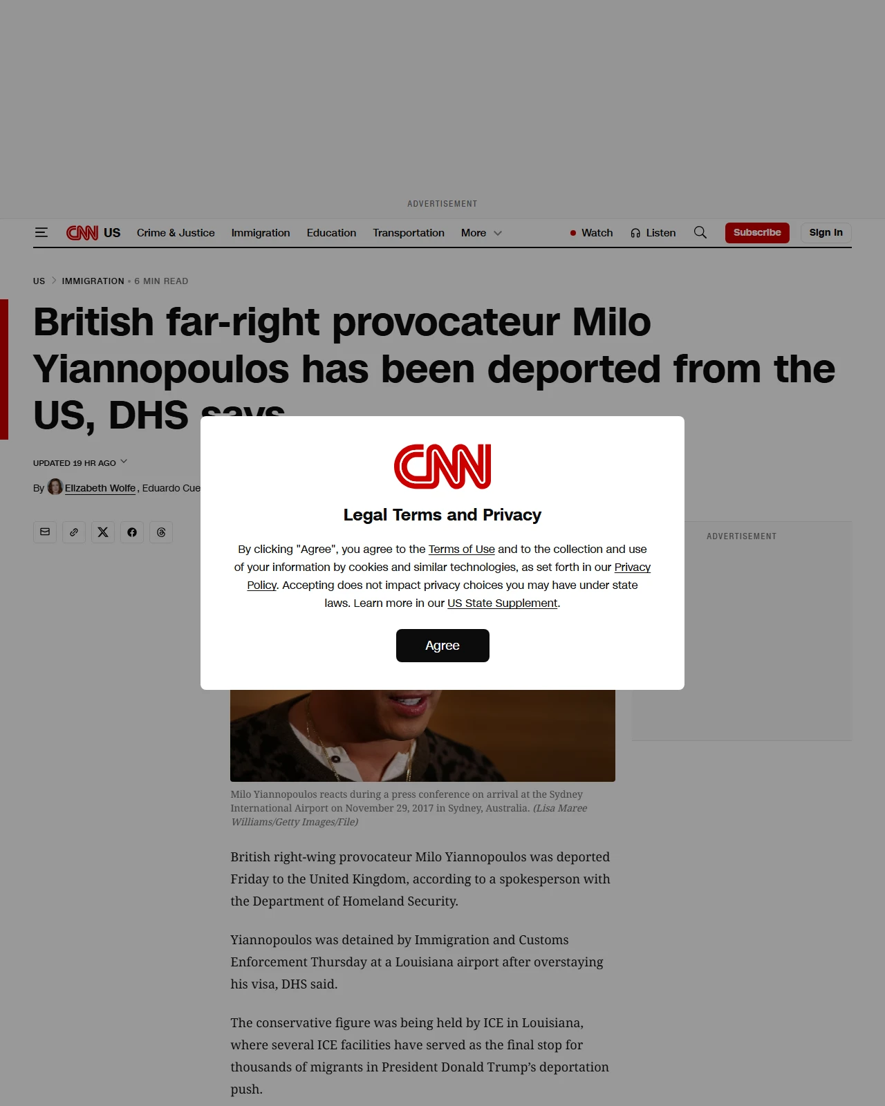 cnn.com as published: British far-right provocateur Milo Yiannopoulos has been deported from the US, DHS says
