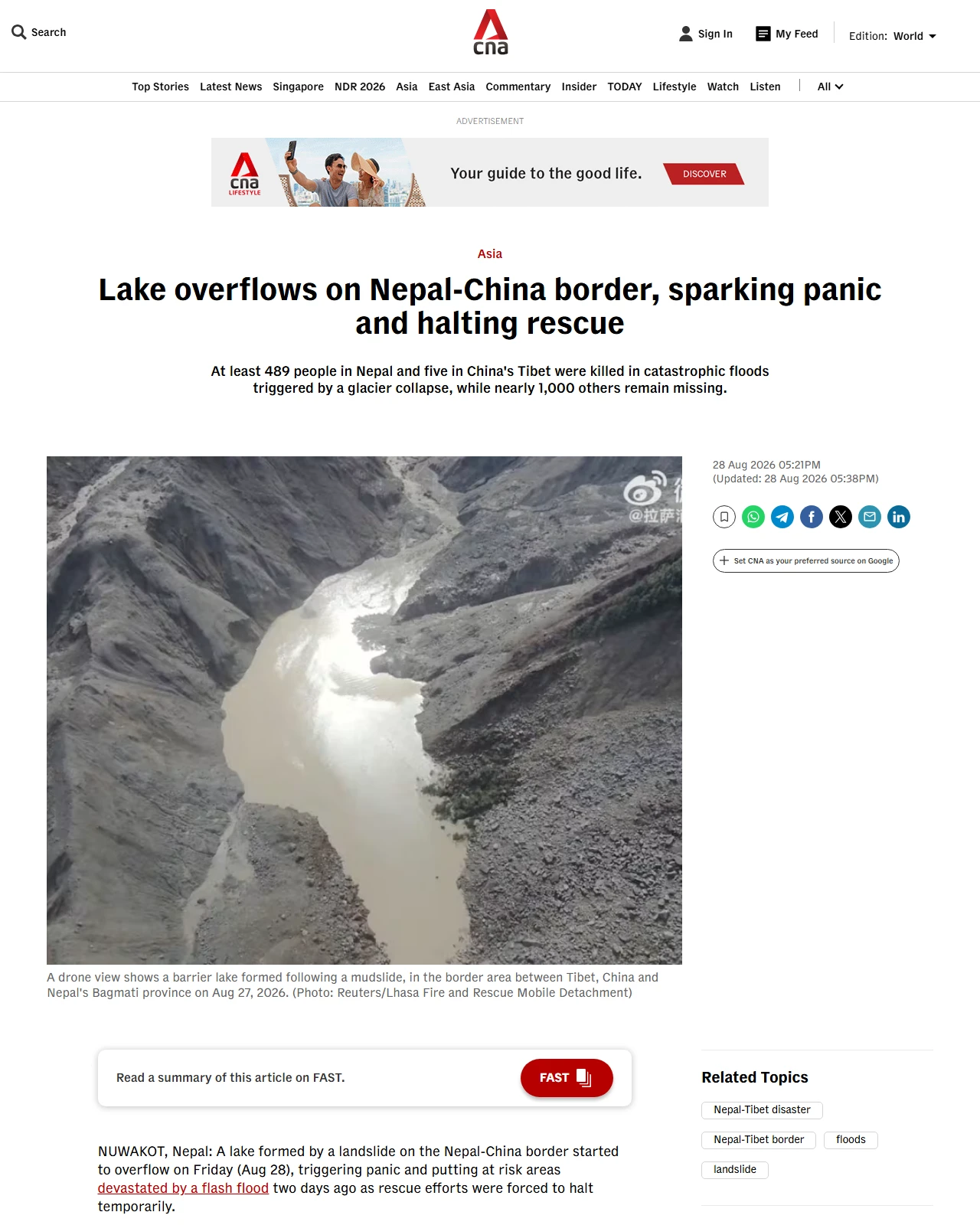 channelnewsasia.com as published: Lake overflows on Nepal-China border, sparking panic and halting rescue