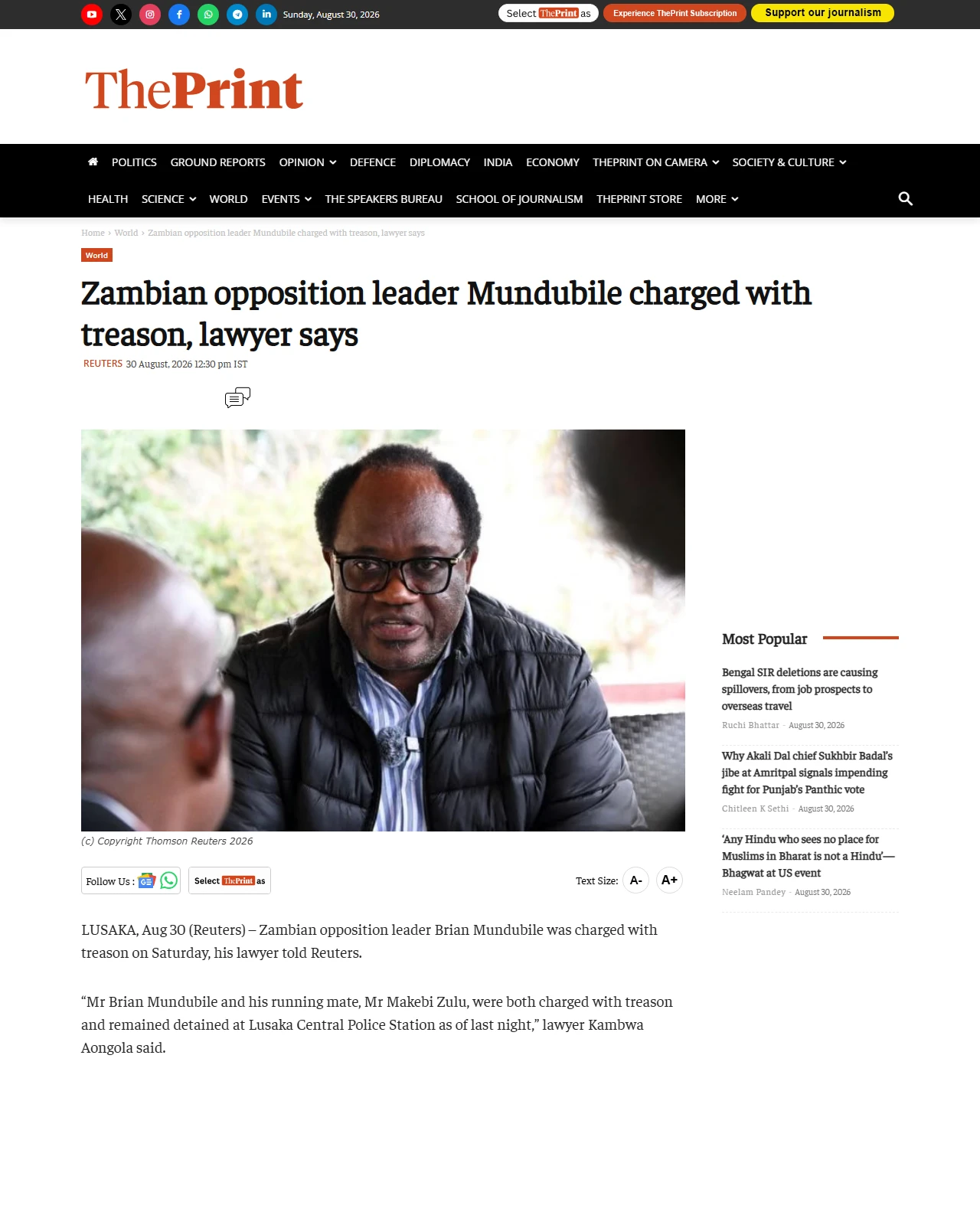 theprint.in as published: Zambian opposition leader Mundubile charged with treason, lawyer says