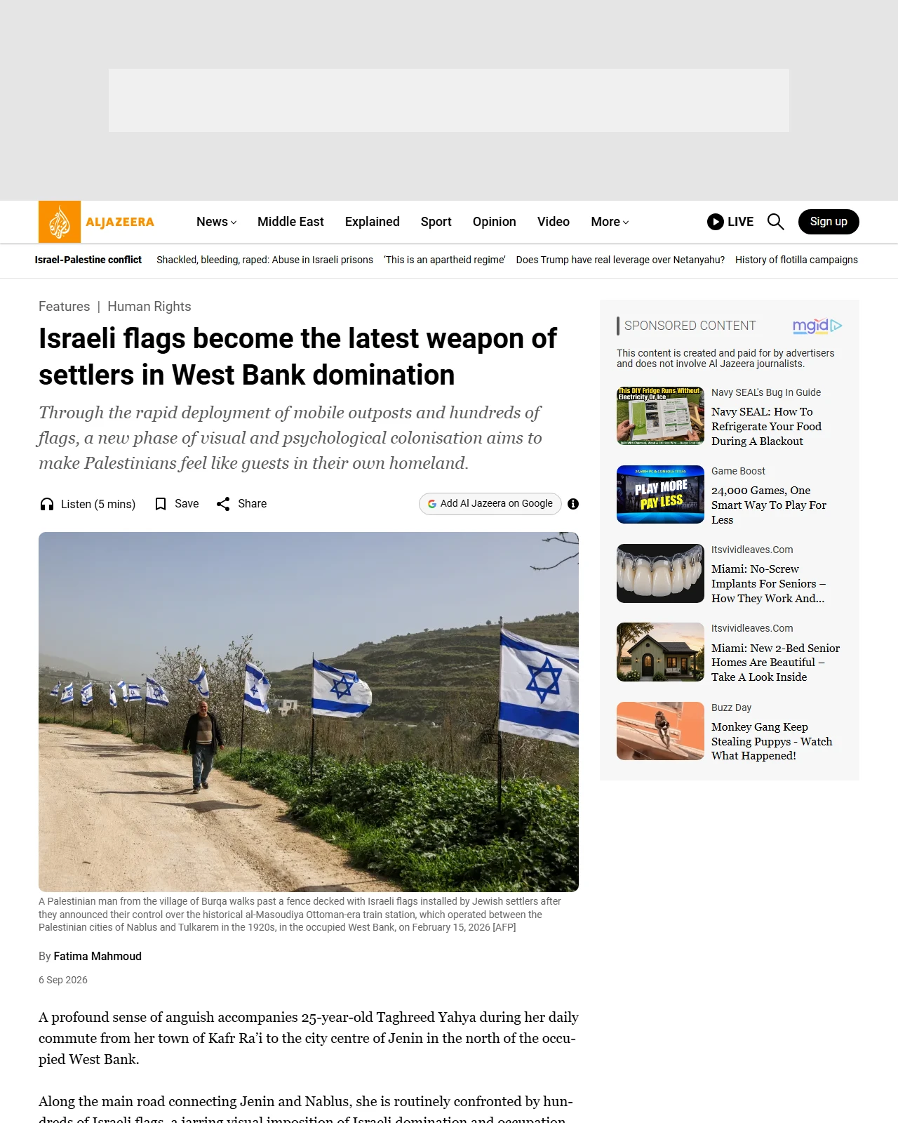 aljazeera.com as published: Israeli flags become the latest weapon of settlers in West Bank domination
