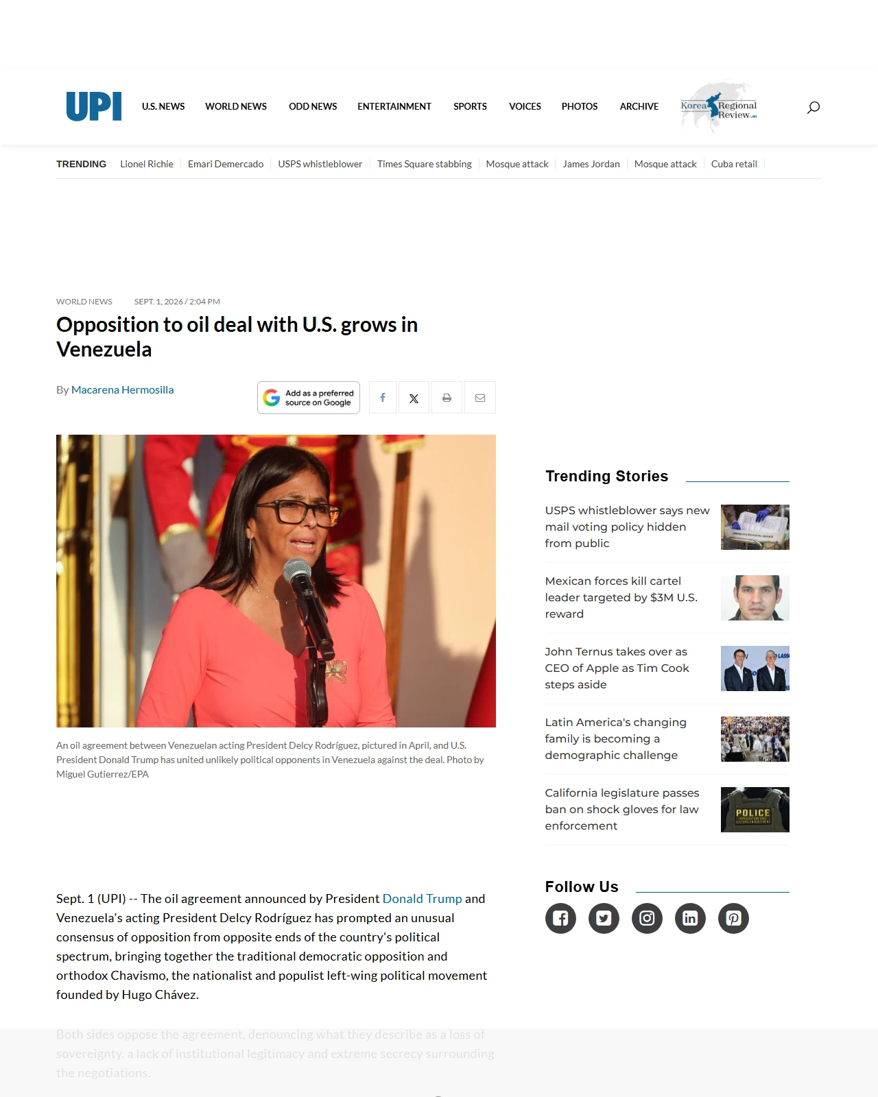 upi.com as published: Opposition to oil deal with U.S. grows in Venezuela