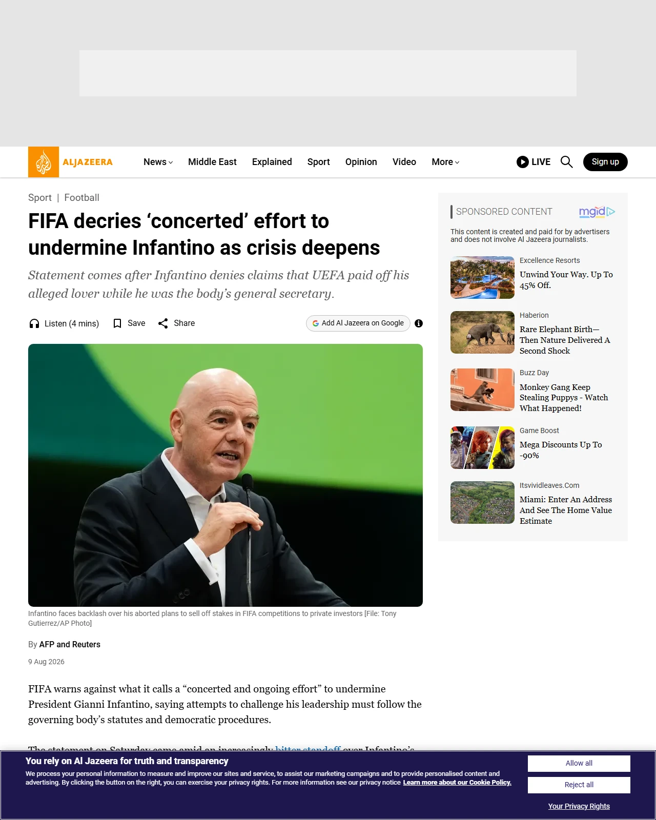 aljazeera.com as published: FIFA decries ‘concerted’ effort to undermine Infantino as crisis deepens