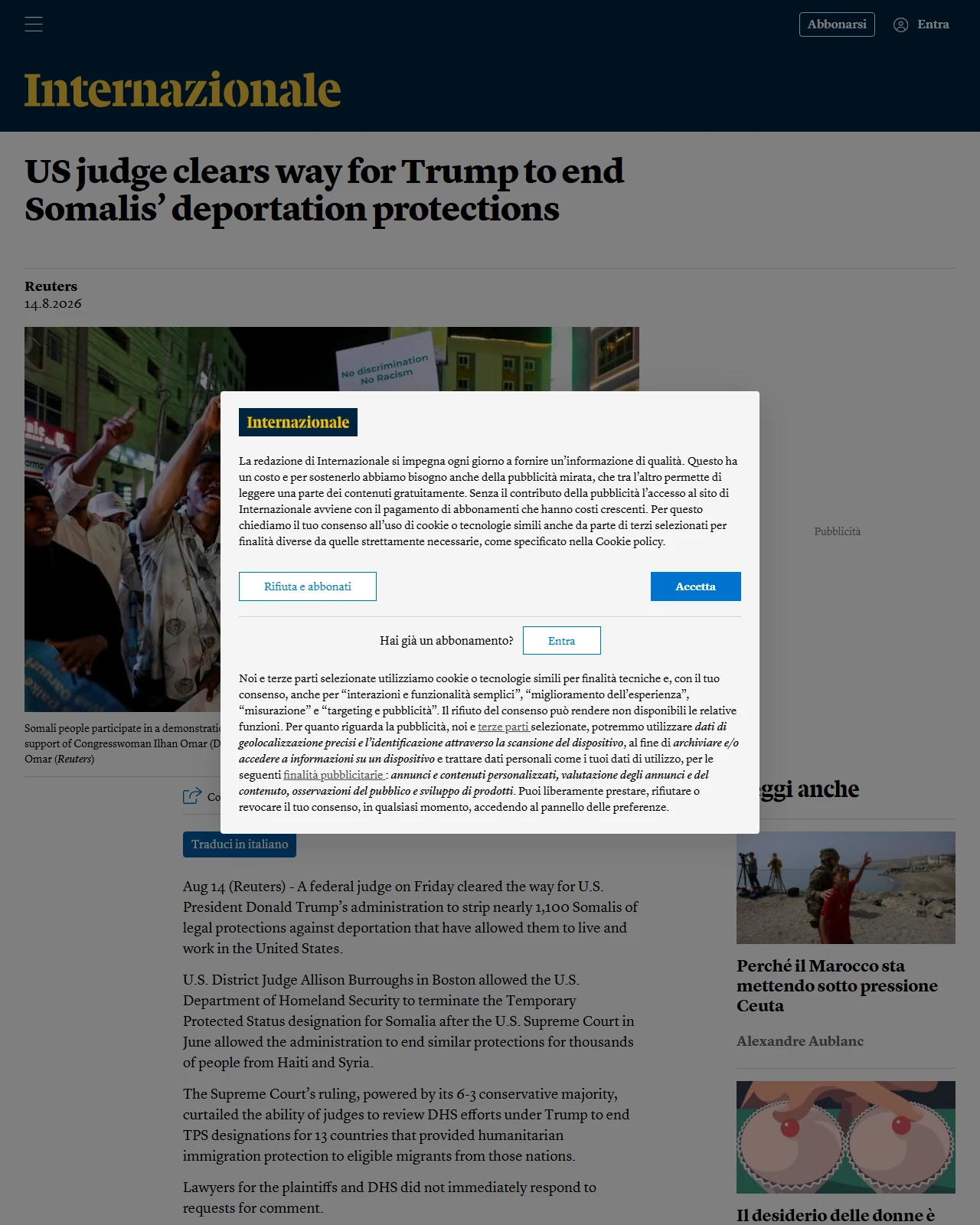 internazionale.it as published: US judge clears way for Trump to end Somalis’ deportation protections