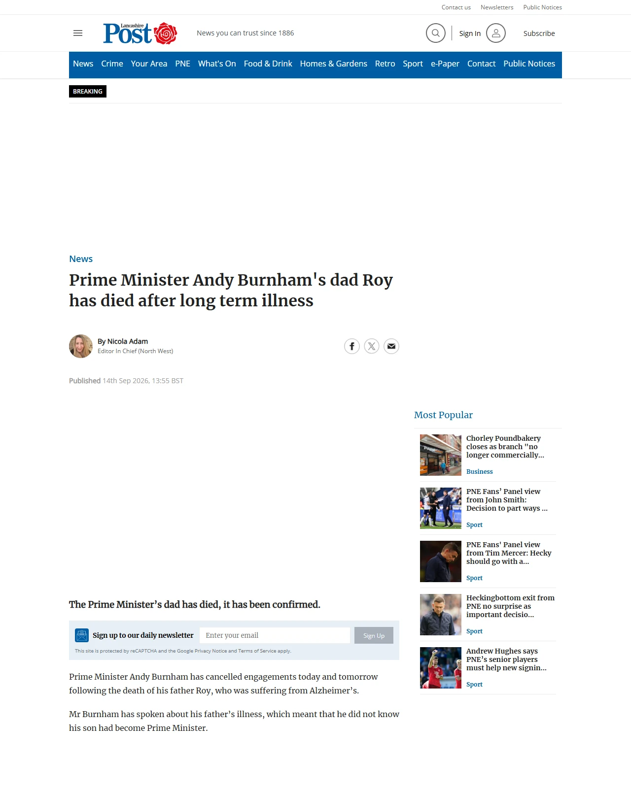 garstangcourier.co.uk as published: Prime Minister Andy Burnham's dad has died after long term illness