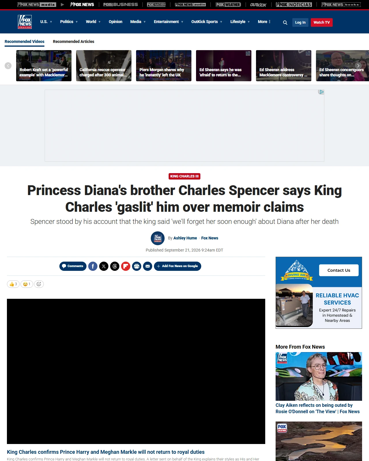 foxnews.com as published: Princess Diana's brother Charles Spencer says King Charles 'gaslit' him over memoir claims