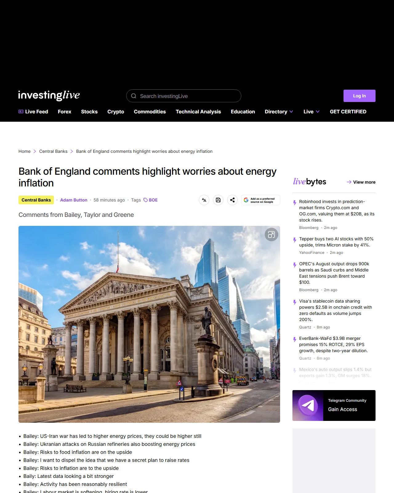 investinglive.com as published: Bank of England comments highlight worries about energy inflation