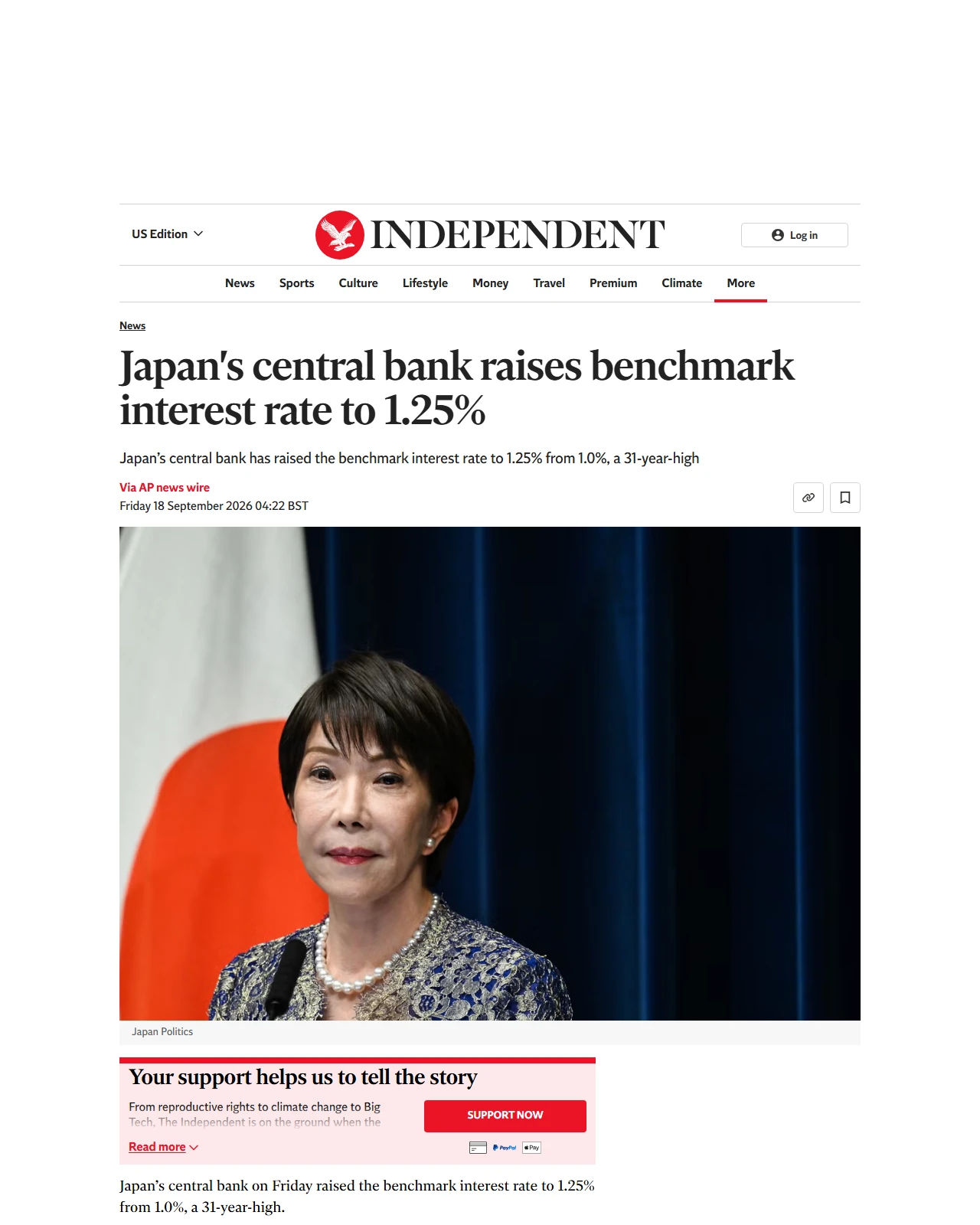 independent.co.uk as published: Japan's central bank raises benchmark interest rate to 1.25%